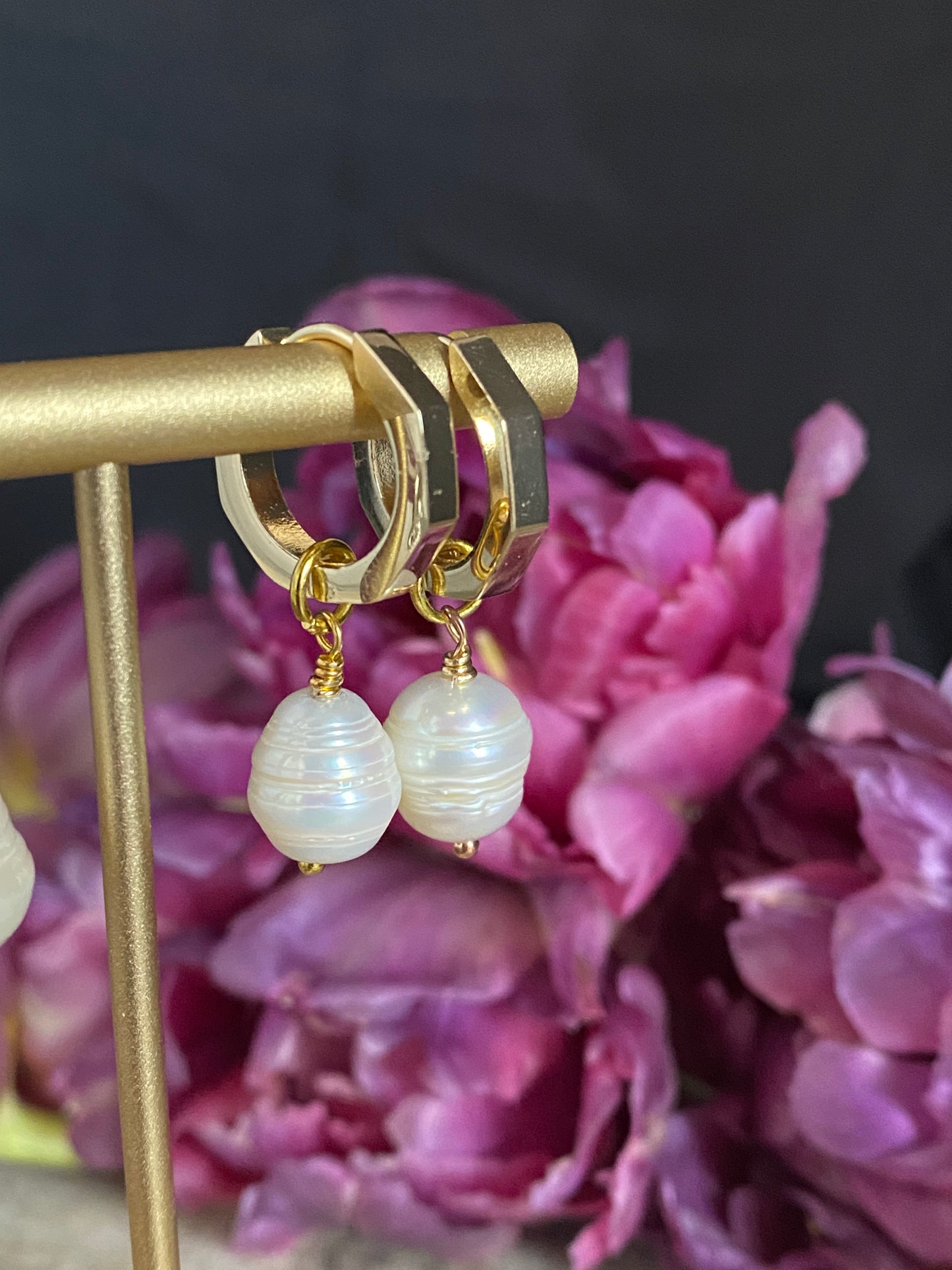Gold huggy ear wire clip, freshwater pearl earrings