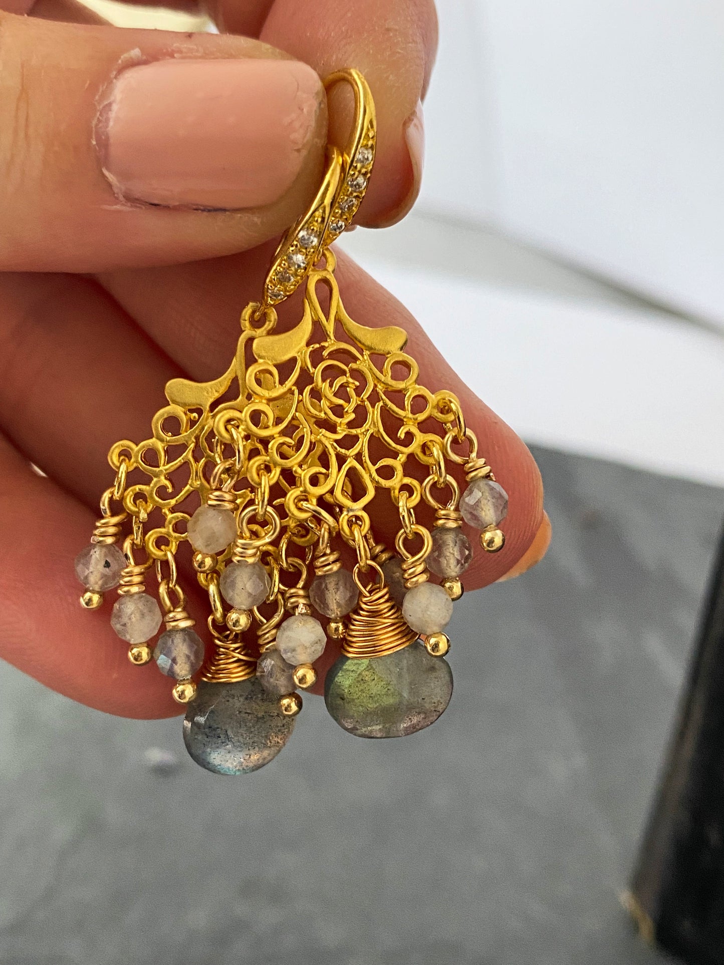 Labradorite gemstone, gold metal earrings,  chandelier, jewelry - Andria Bieber Designs 