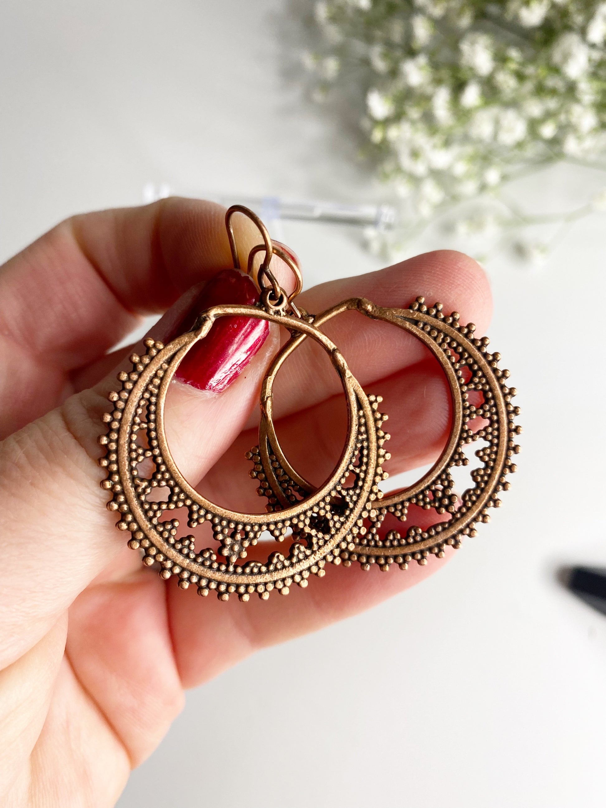 Copper dotted boho charm earrings, Copper  metal, jewelry - Andria Bieber Designs 