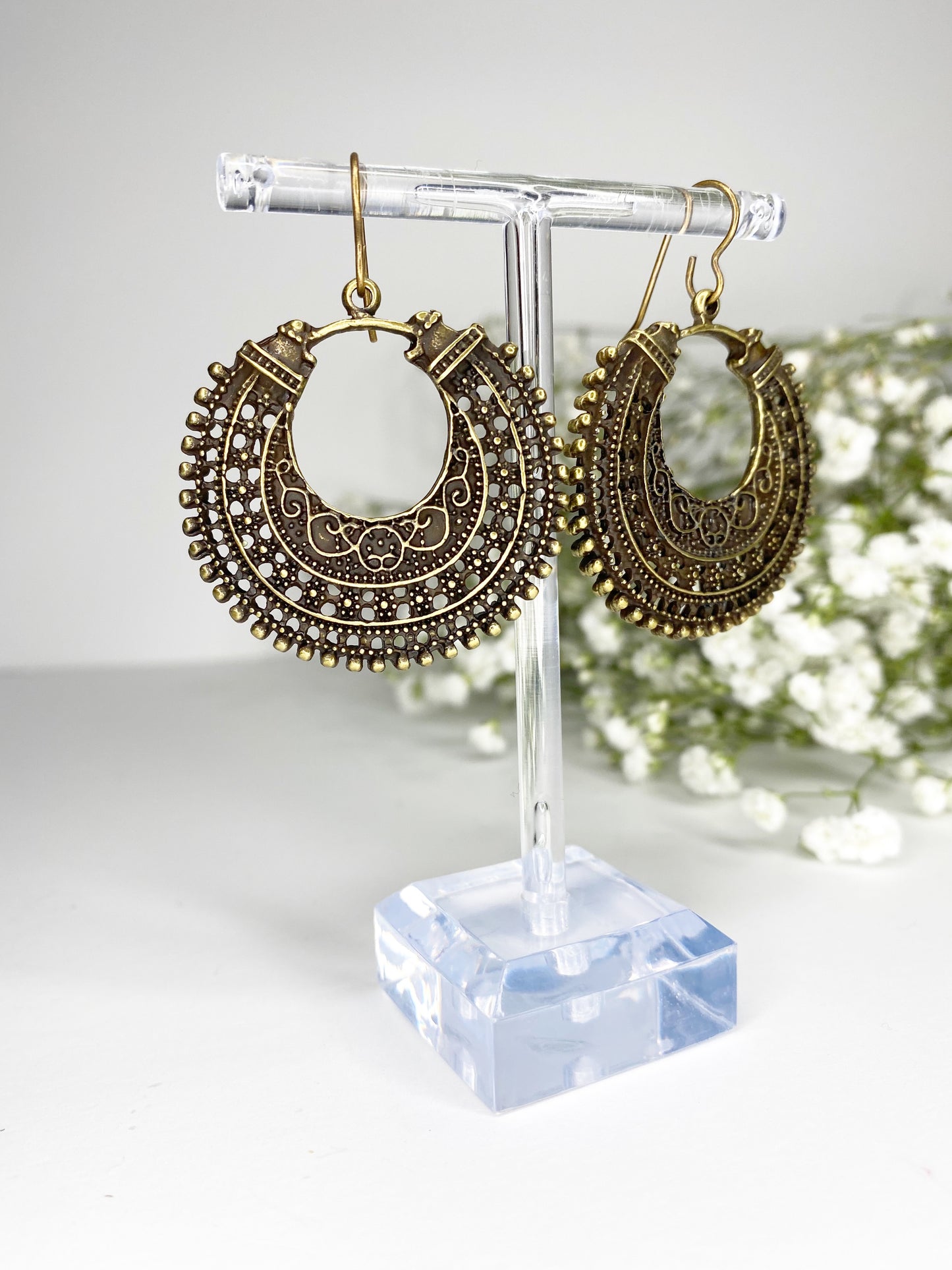 Bronze filigree boho hoop charm earrings, Bronze metal, jewelry - Andria Bieber Designs 