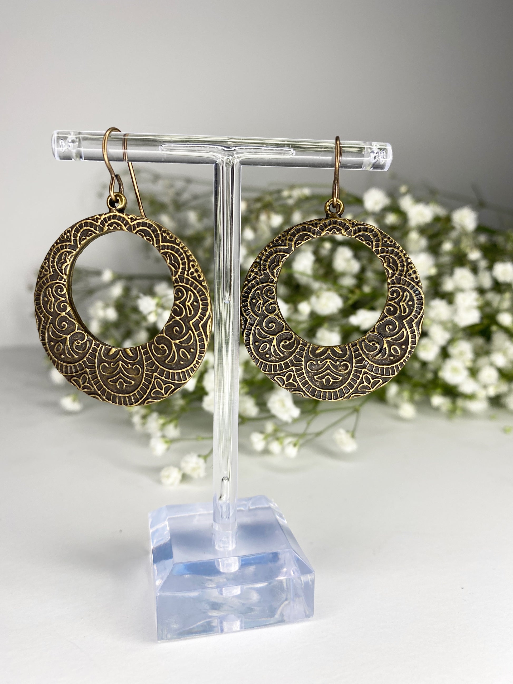 Bronze filigree hoop charm earrings, Bronze metal, jewelry - Andria Bieber Designs 