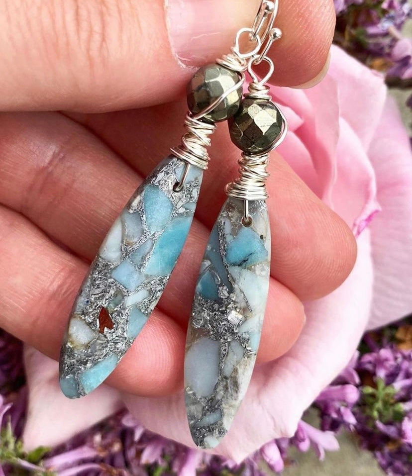 Jasper stone drop, pyrite, sterling silver, earrings - Andria Bieber Designs 