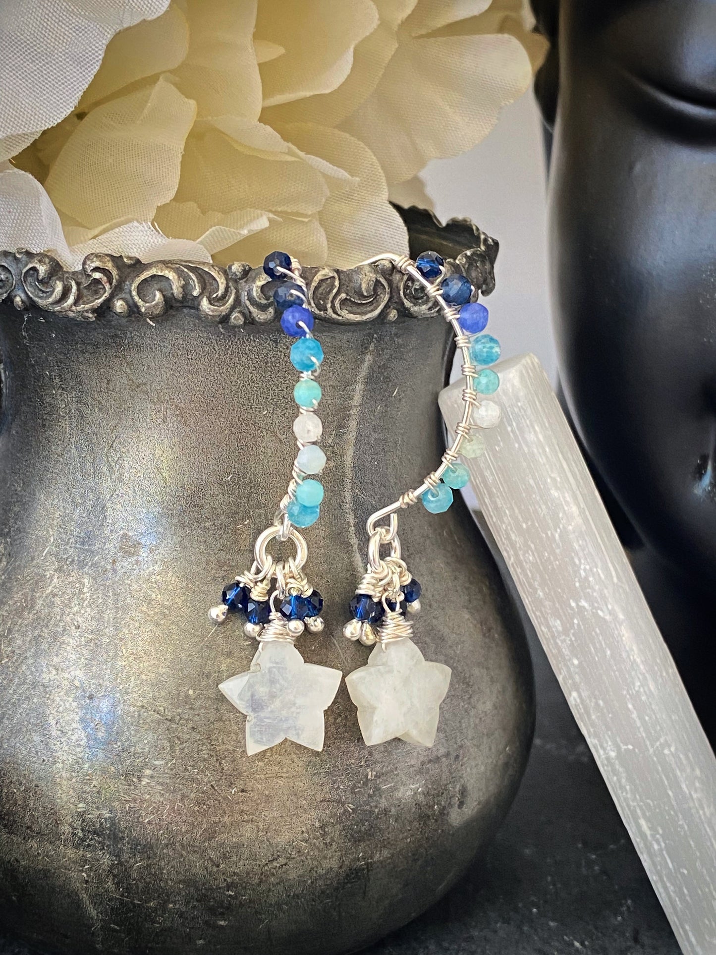 Moonstone Stars. Moonstone and mixed blue stones and silver metal earrings - Andria Bieber Designs 