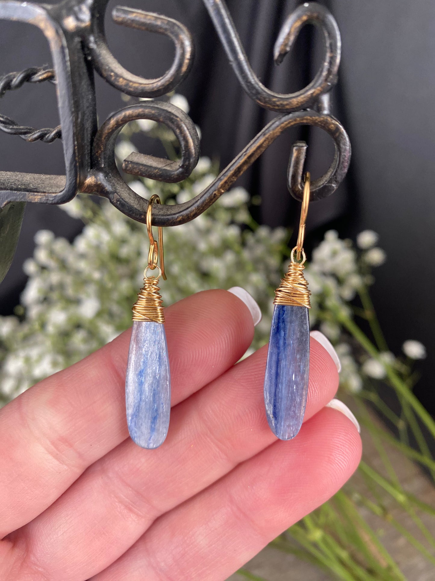 kyanite stone, wire wrapped gold earrings.