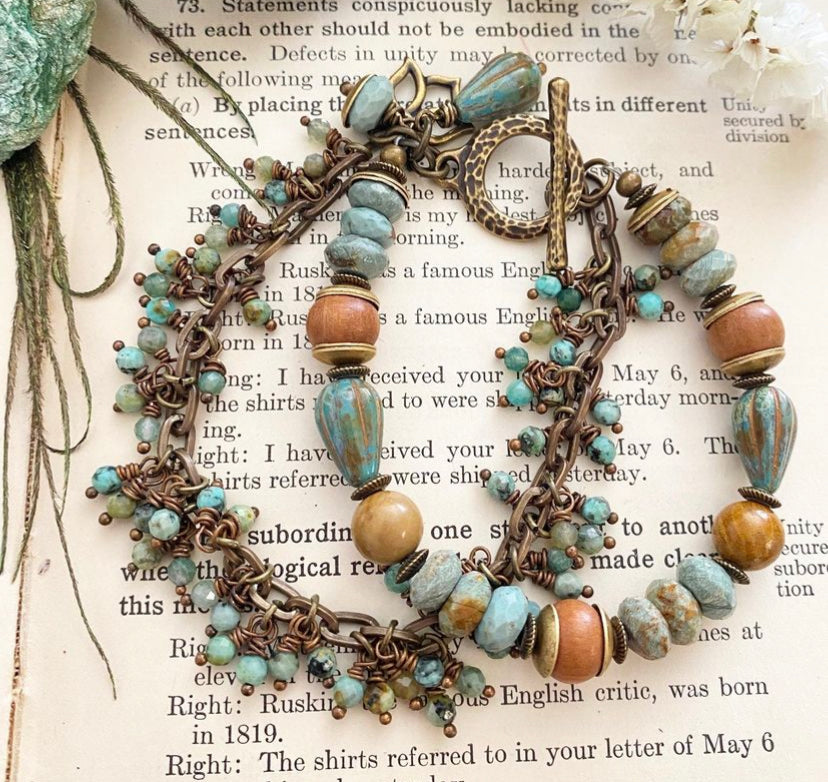 Green turquoise stone, sandalwood, Czech glass, Jasper, and bronze metal wire wrapped bracelet. - Andria Bieber Designs 