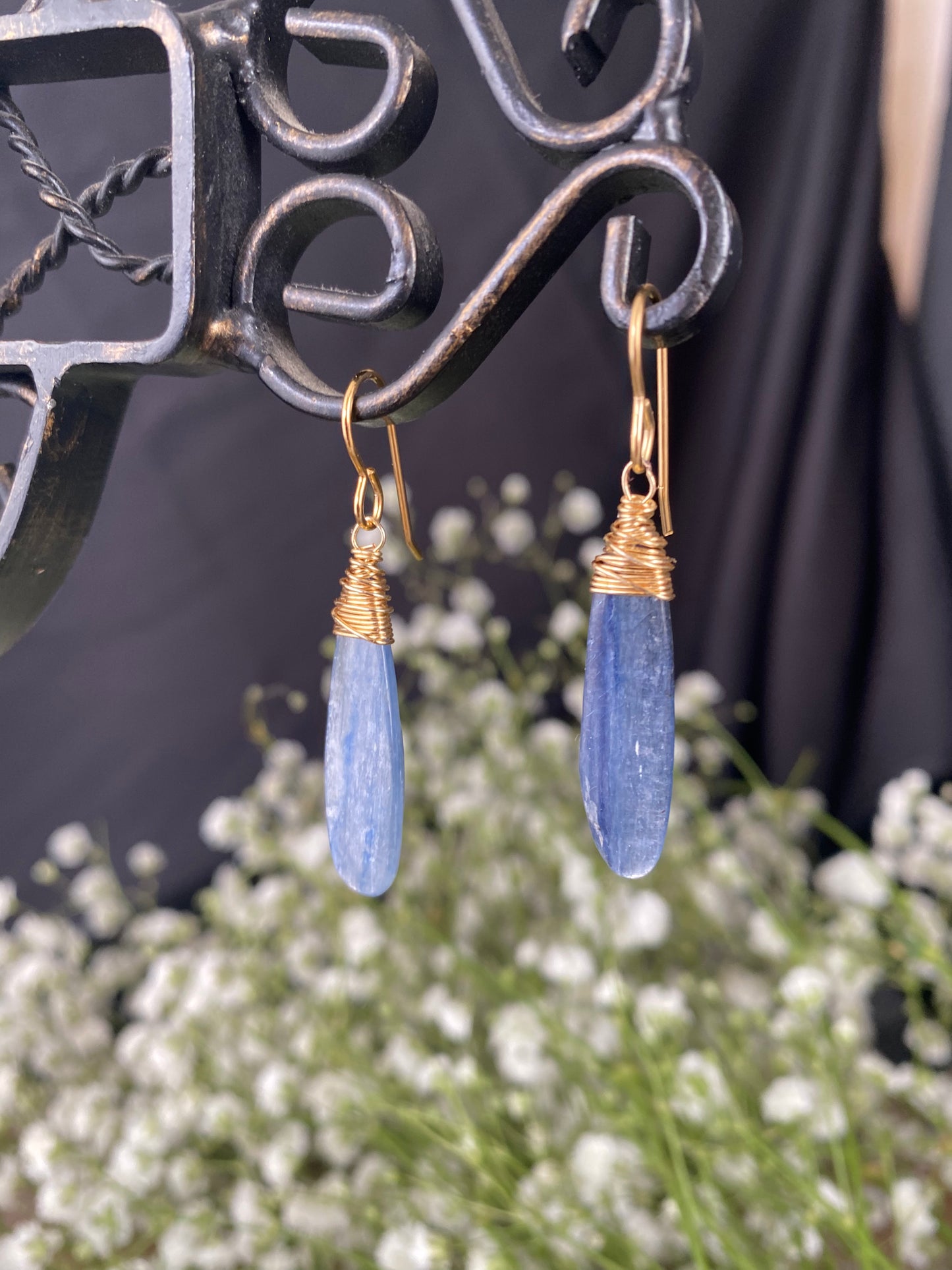 kyanite stone, wire wrapped gold earrings.