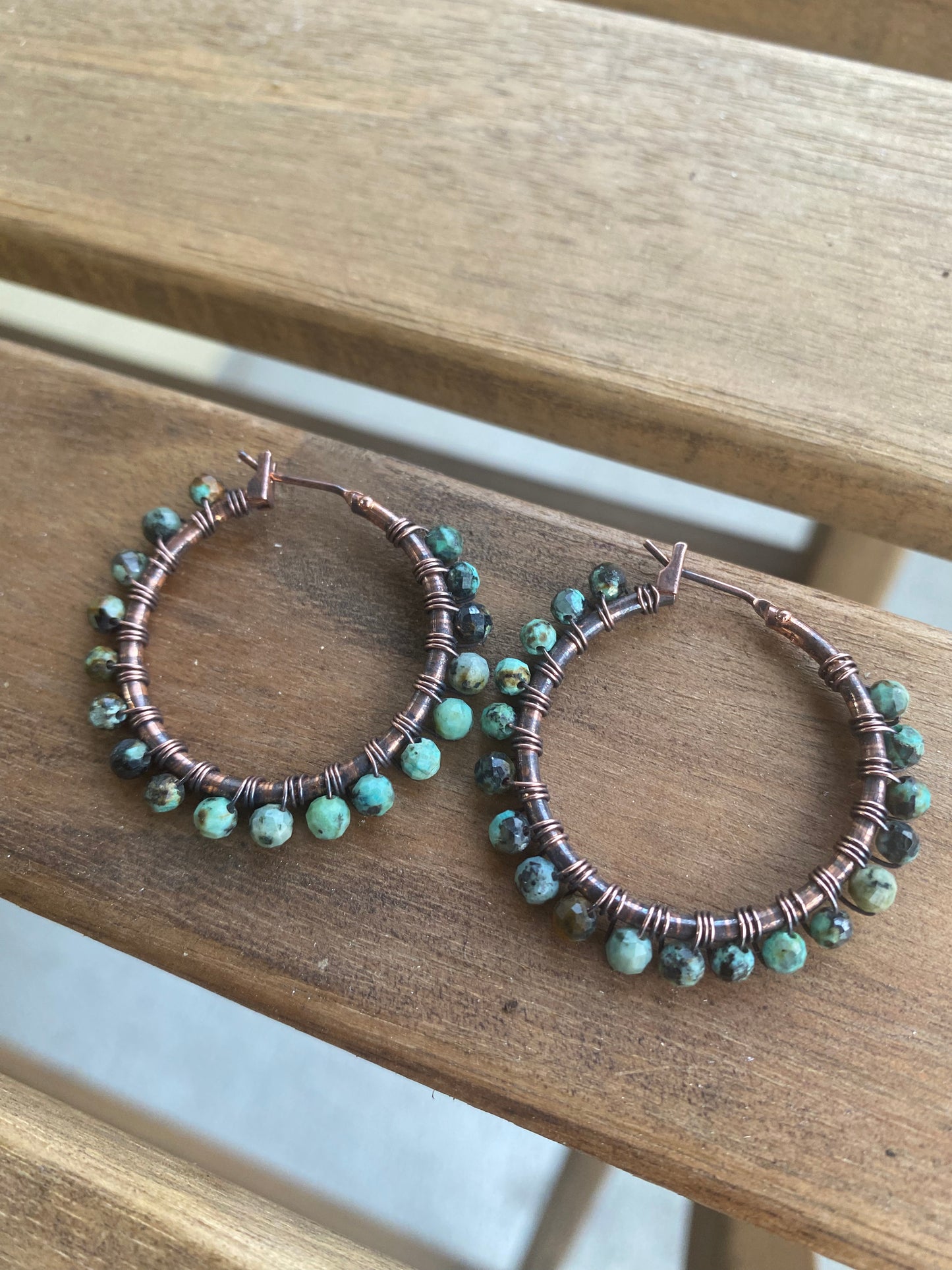 African turquoise stone, copper metal hoops, wire wrapped, earrings - Andria Bieber Designs 