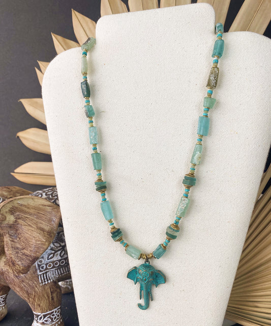 MTO. Safari. Genuine turquoise, mixed gemstone,  brass, elephant, necklace - Andria Bieber Designs 