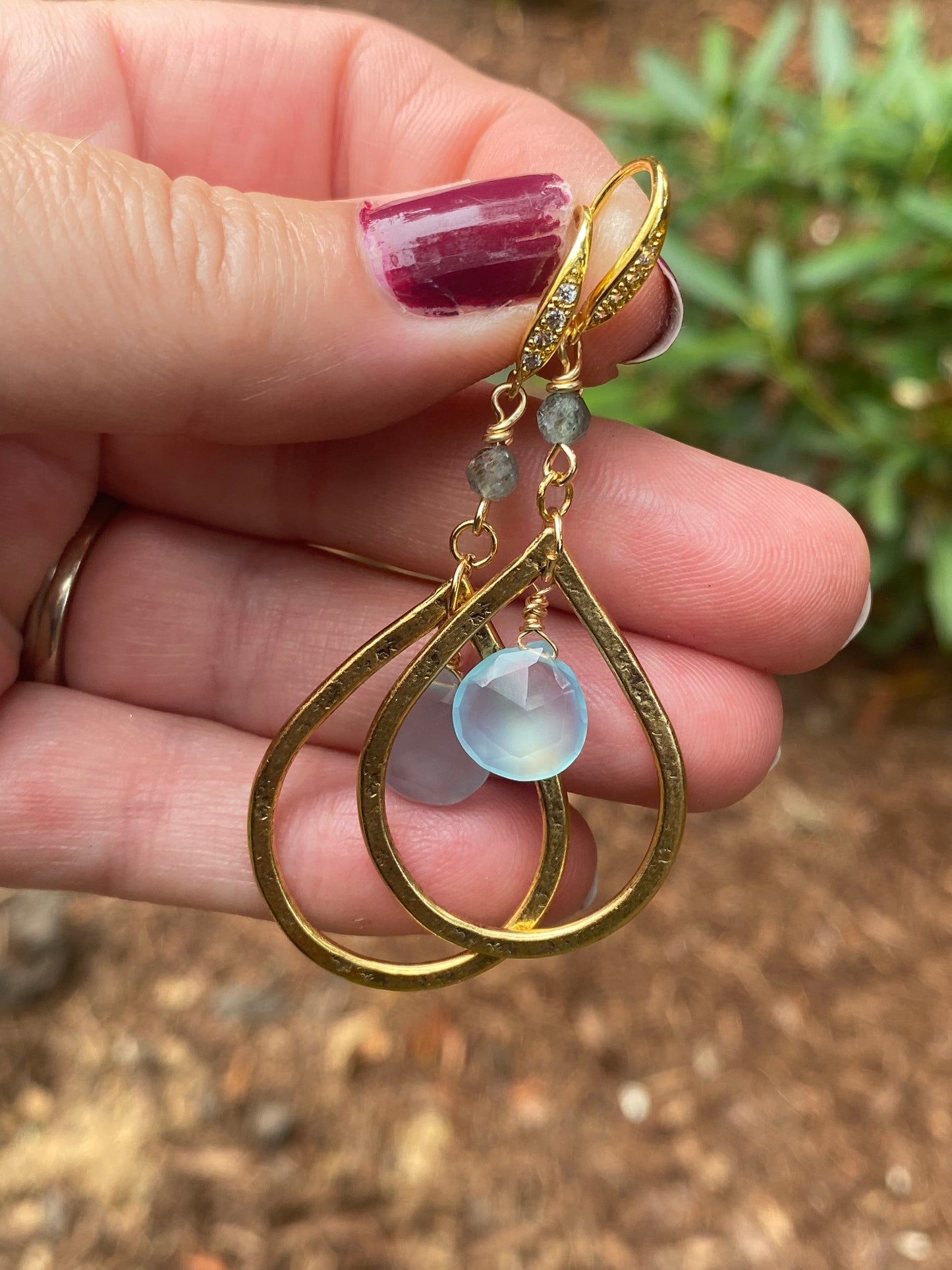Heart blue chalcedony stone, gold metal hoop earrings. - Andria Bieber Designs 