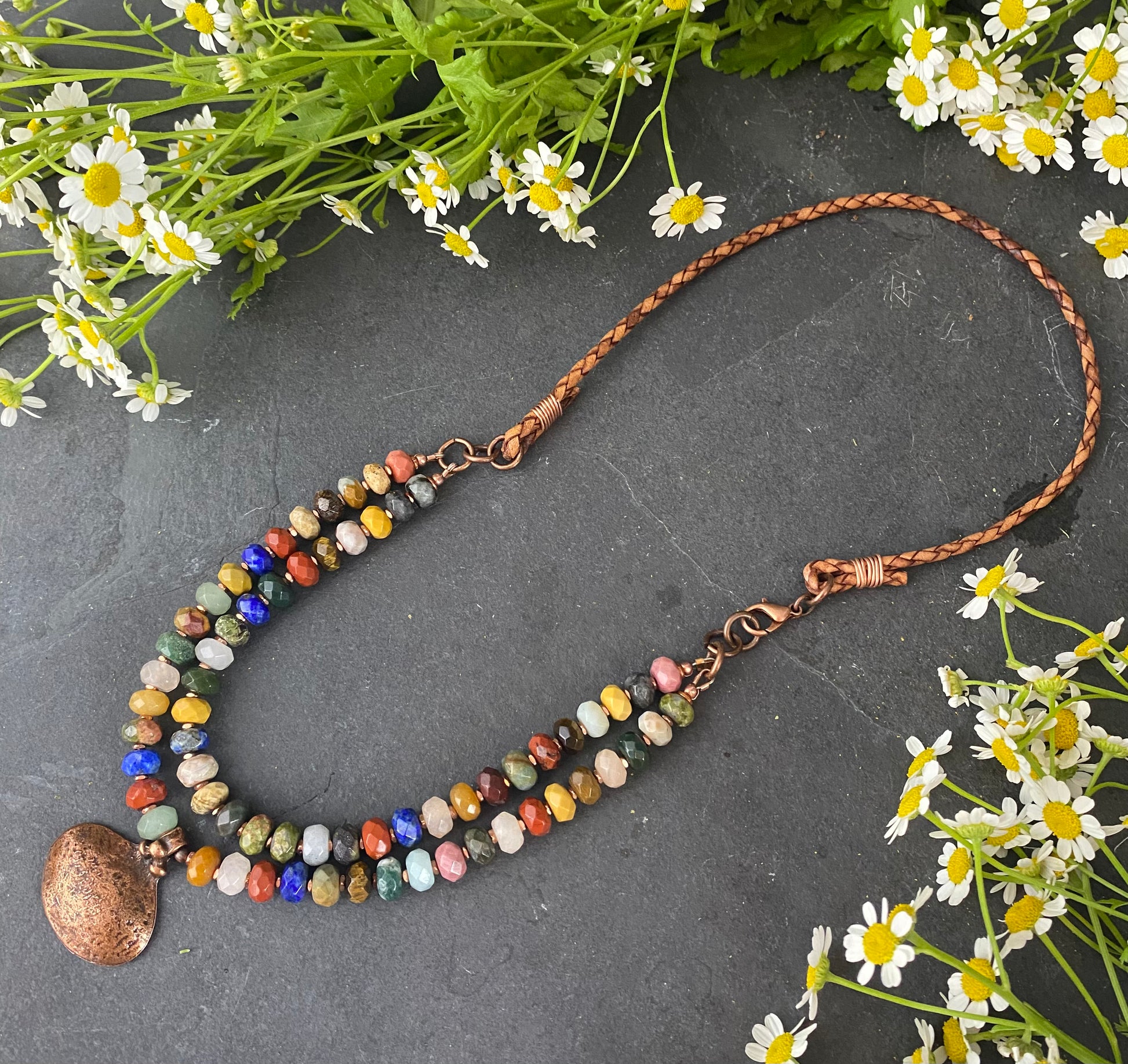 Layers. mixed gemstones, leather, copper metal, necklace, jewelry - Andria Bieber Designs 