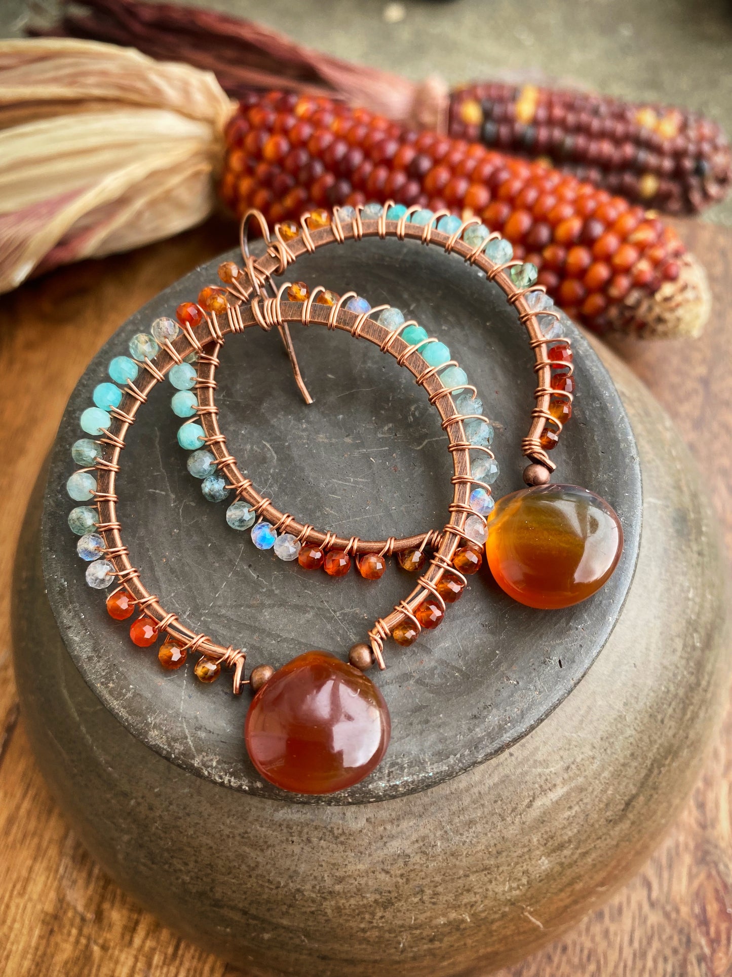 Turquoise blues and Carnelian agate stone, copper hoop metal, wire wrapped, earrings - Andria Bieber Designs 