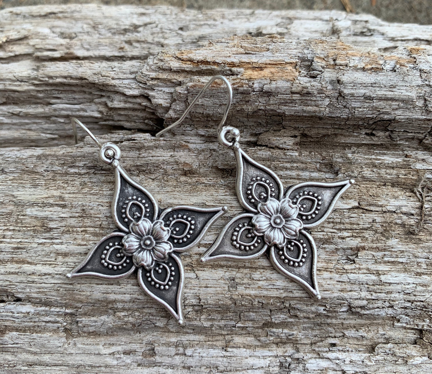 Flower cross charm, silver earrings, jewelry. - Andria Bieber Designs 