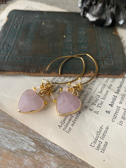 Rose quartz heart charm earrings, jewelry