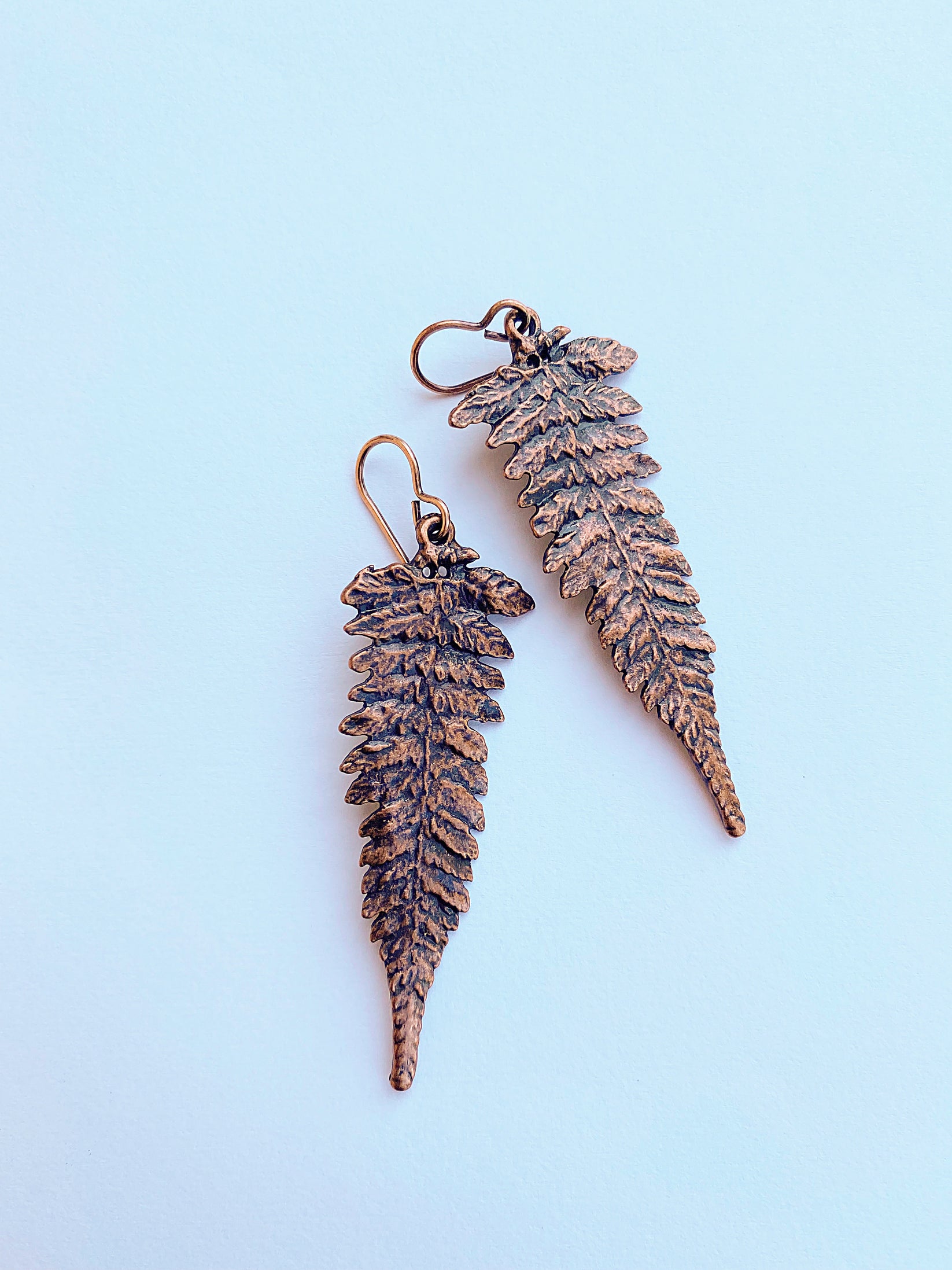 Ferns. Fern detailed copper charm earrings. Andria Bieber Designs