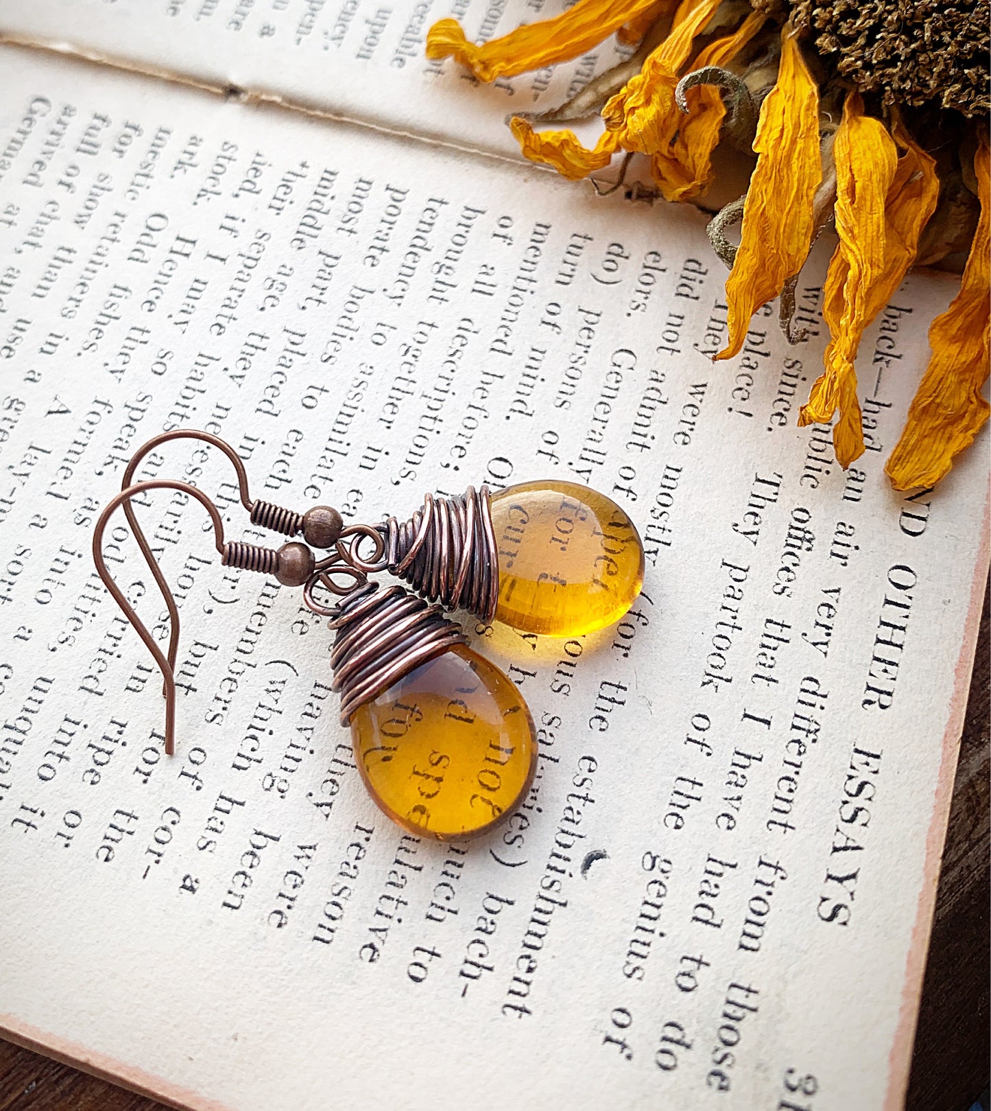 Amber teardrop Czech glass and copper wire wrapped earrings. - Andria Bieber Designs 