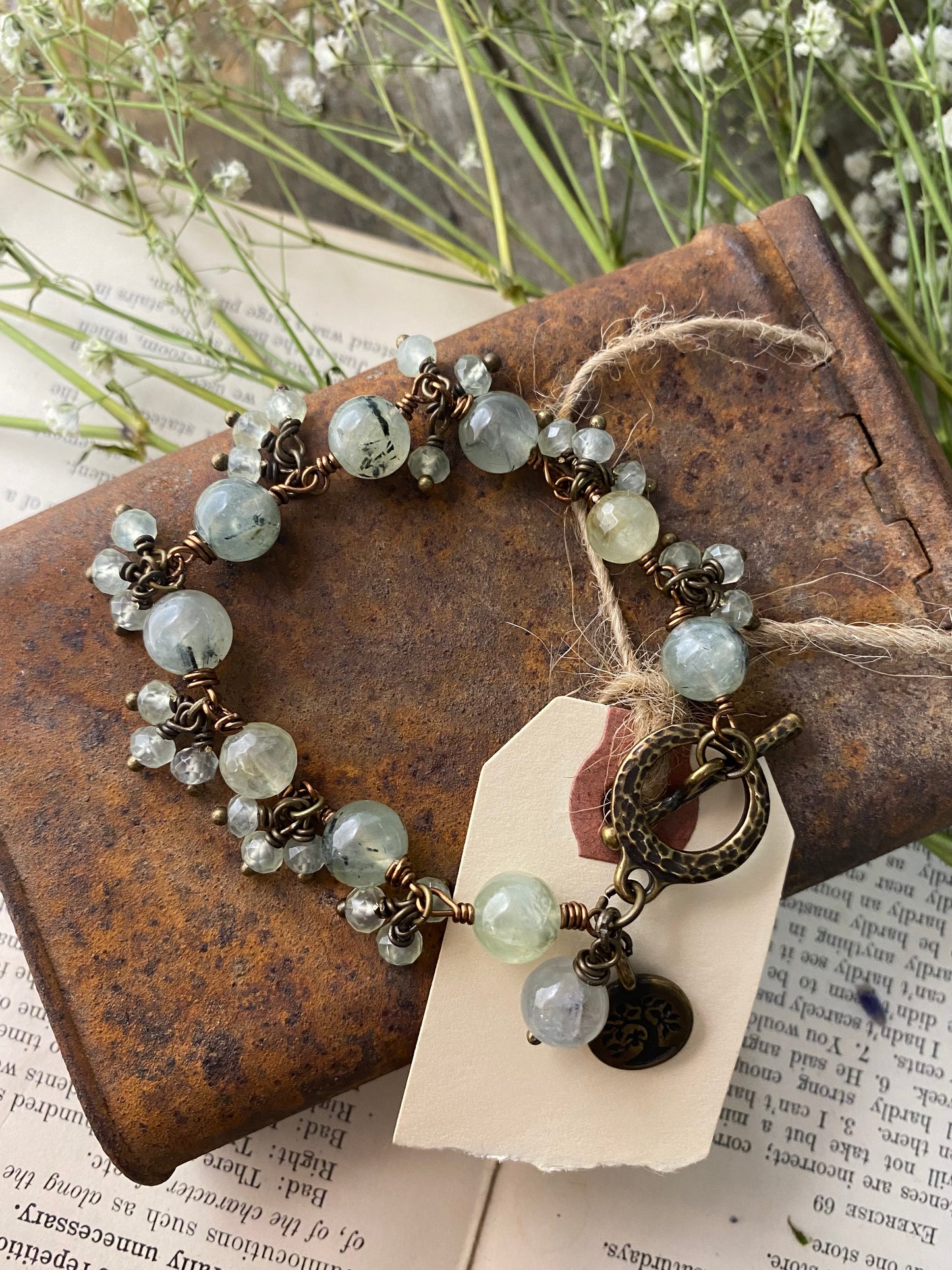 prehnite gemstone, bronze metal, bracelet, jewelry. - Andria Bieber Designs 