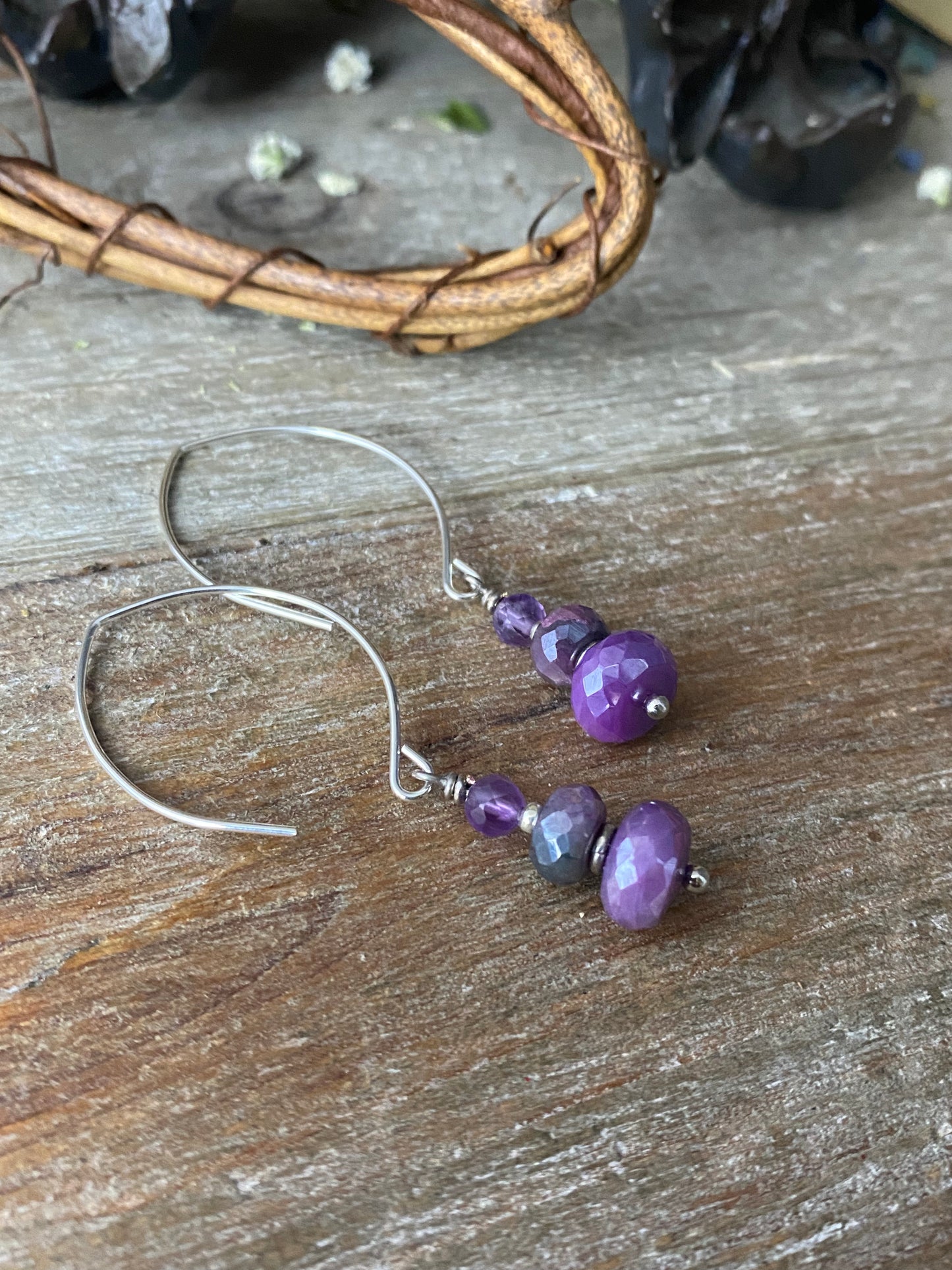 Amethyst purple gemstone faceted and silver metal earrings. - Andria Bieber Designs 