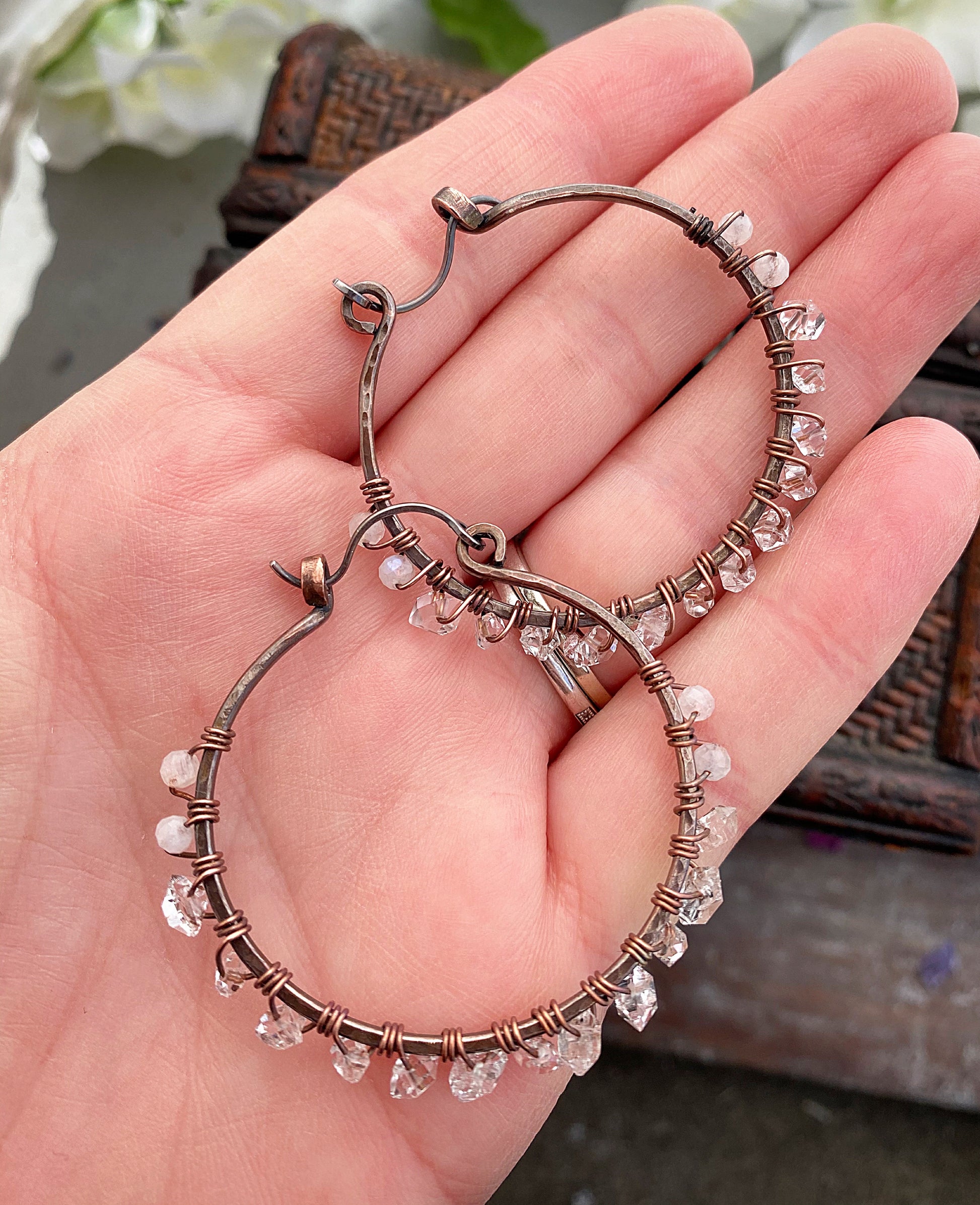 Herkimer diamonds, moonstone, copper metal hoops, wire wrapped, earrings - Andria Bieber Designs 