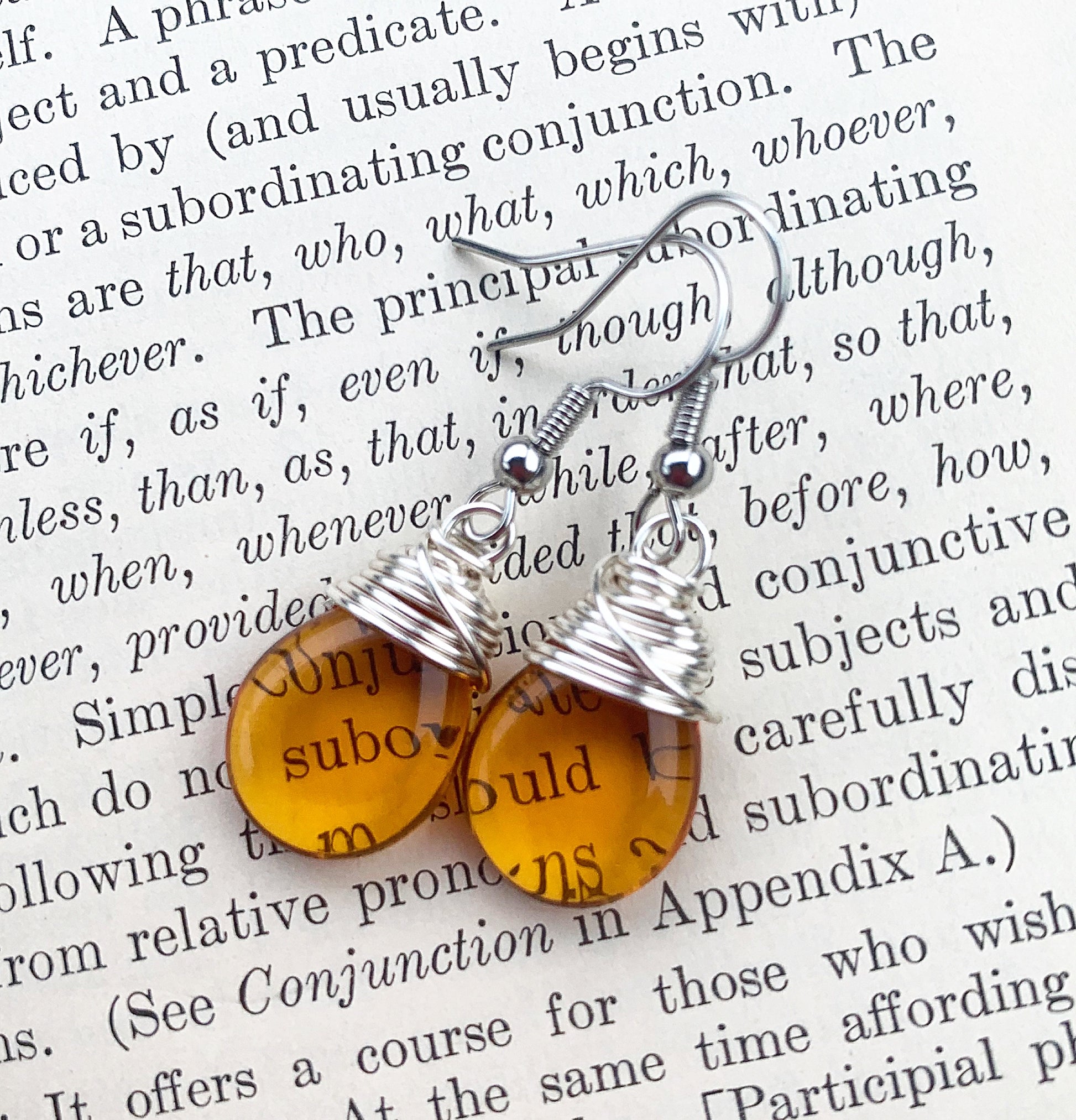 Amber teardrop Czech glass and silver wire wrapped, sterling silver earrings. - Andria Bieber Designs 