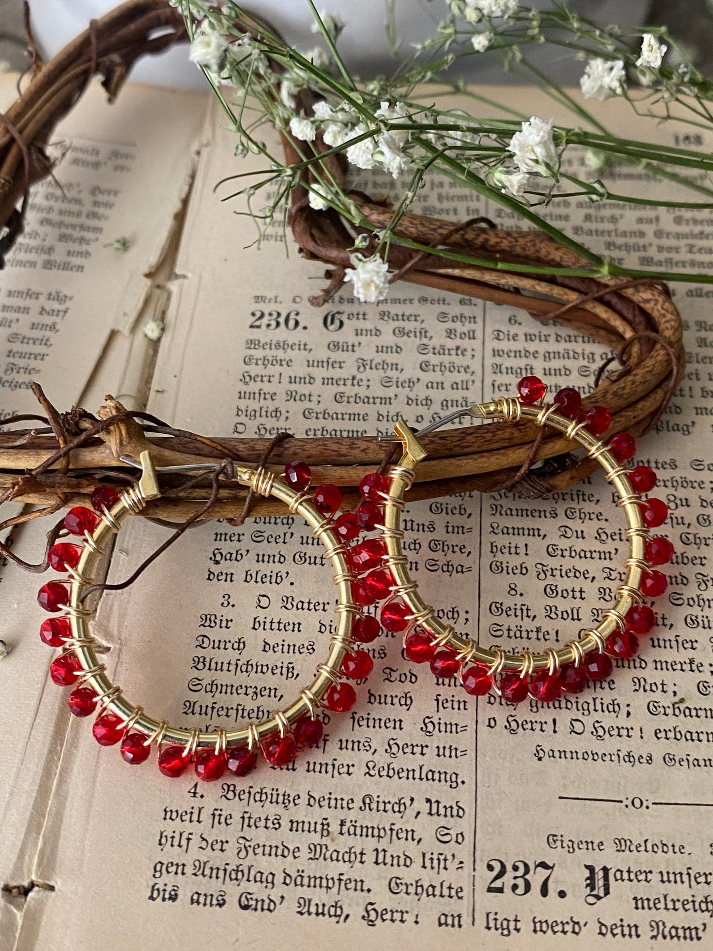 Red crystals, gold metal hoops, wire wrapped, earrings - Andria Bieber Designs 