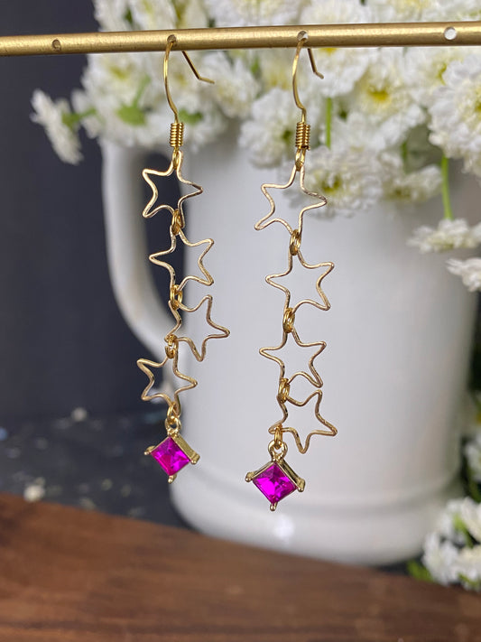 Gold star charms, pink crystal, earrings