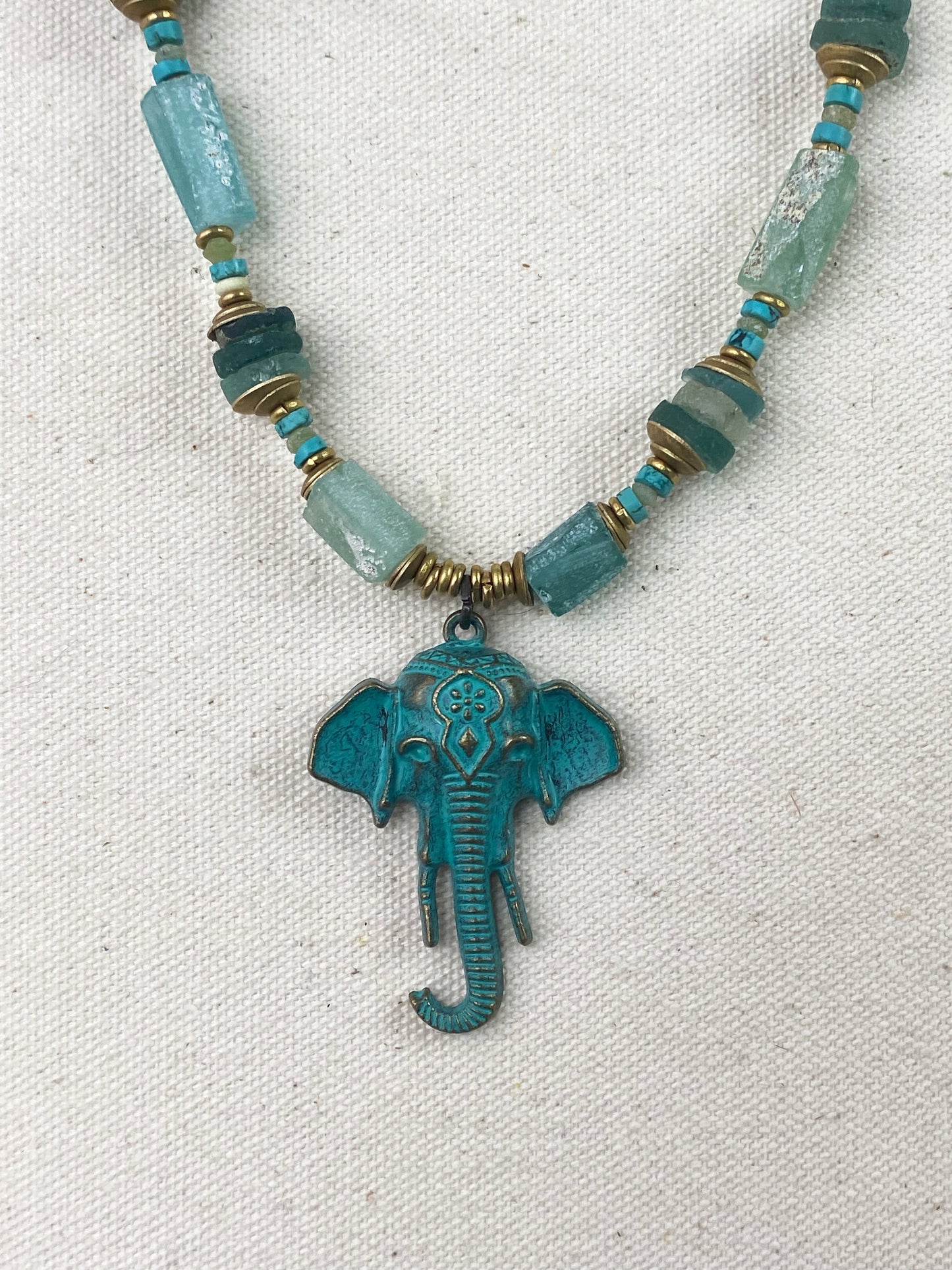 MTO. Safari. Genuine turquoise, mixed gemstone,  brass, elephant, necklace - Andria Bieber Designs 