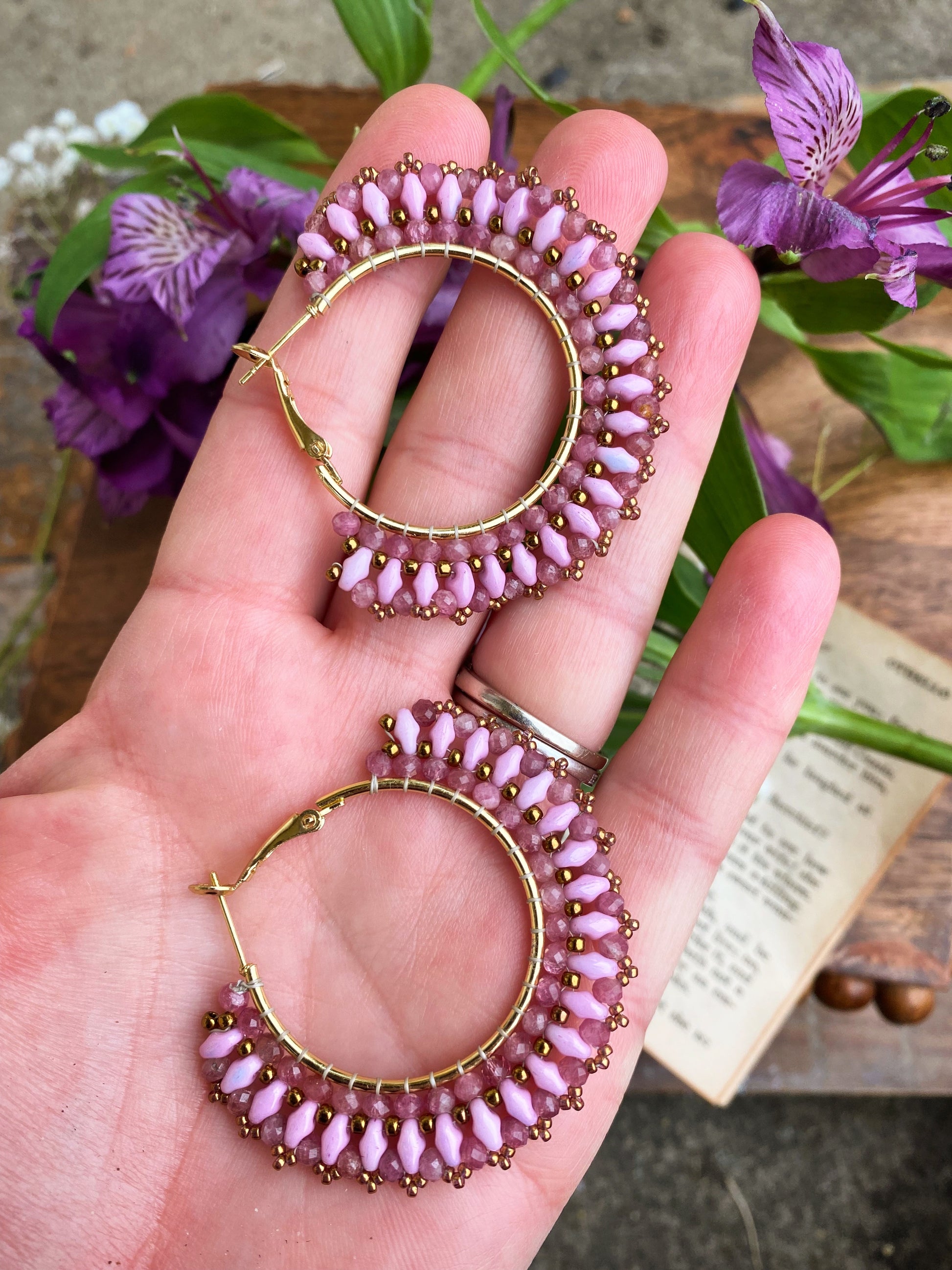 Pink dreams. Tourmaline stone. Miuki glass seed beads, hoop, weaved, earrings. - Andria Bieber Designs 