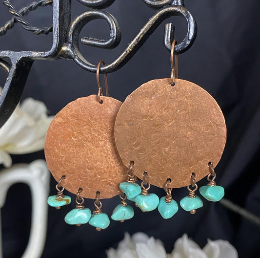 Genuine turquoise stone, copper earrings