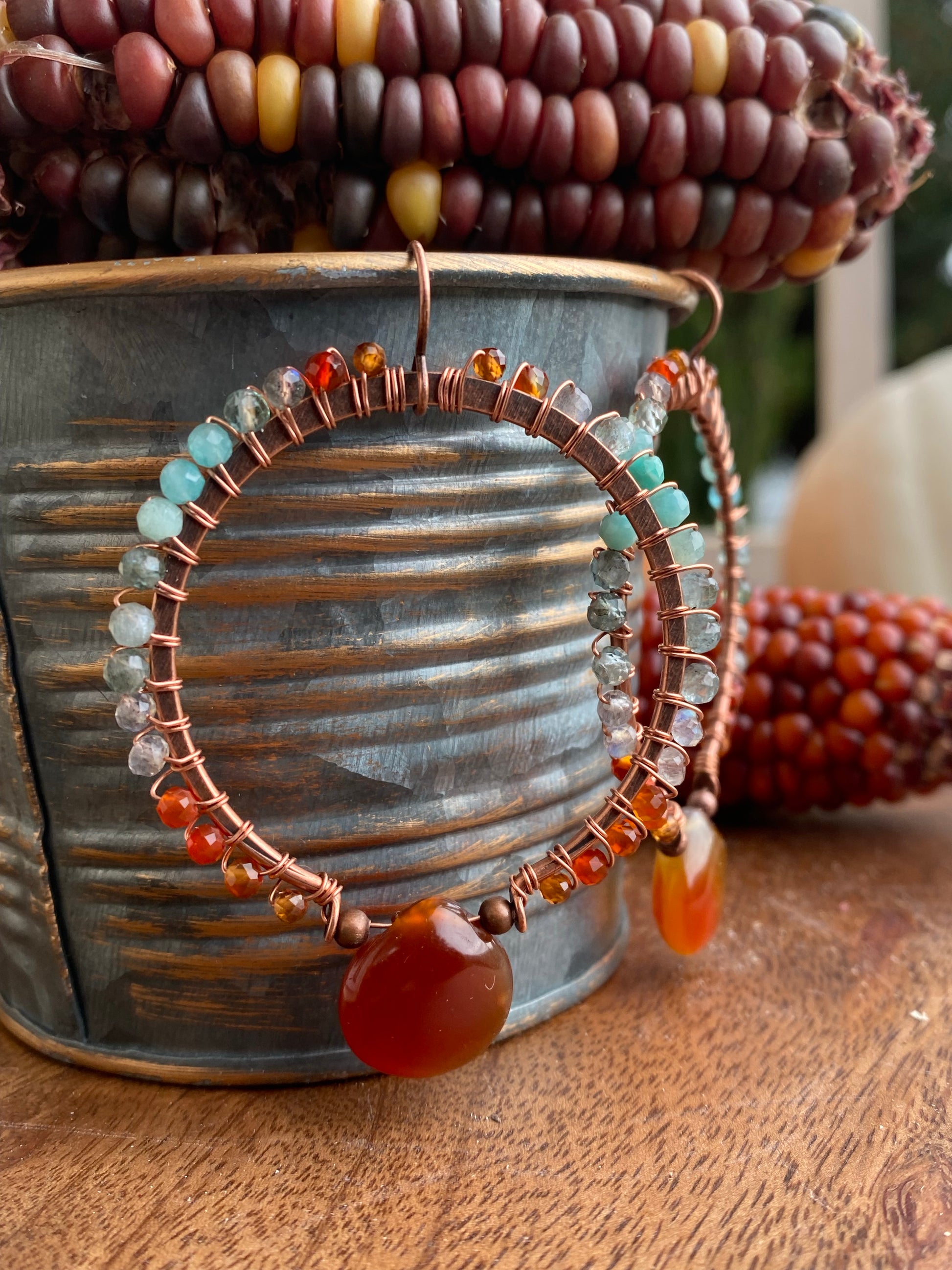 Turquoise blues and Carnelian agate stone, copper hoop metal, wire wrapped, earrings - Andria Bieber Designs 