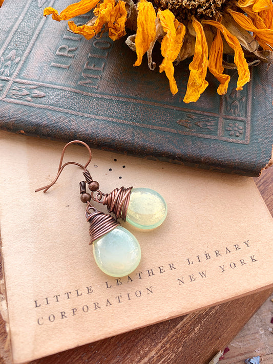 Yellow shiny teardrop Czech glass and copper wire wrapped earrings. - Andria Bieber Designs 