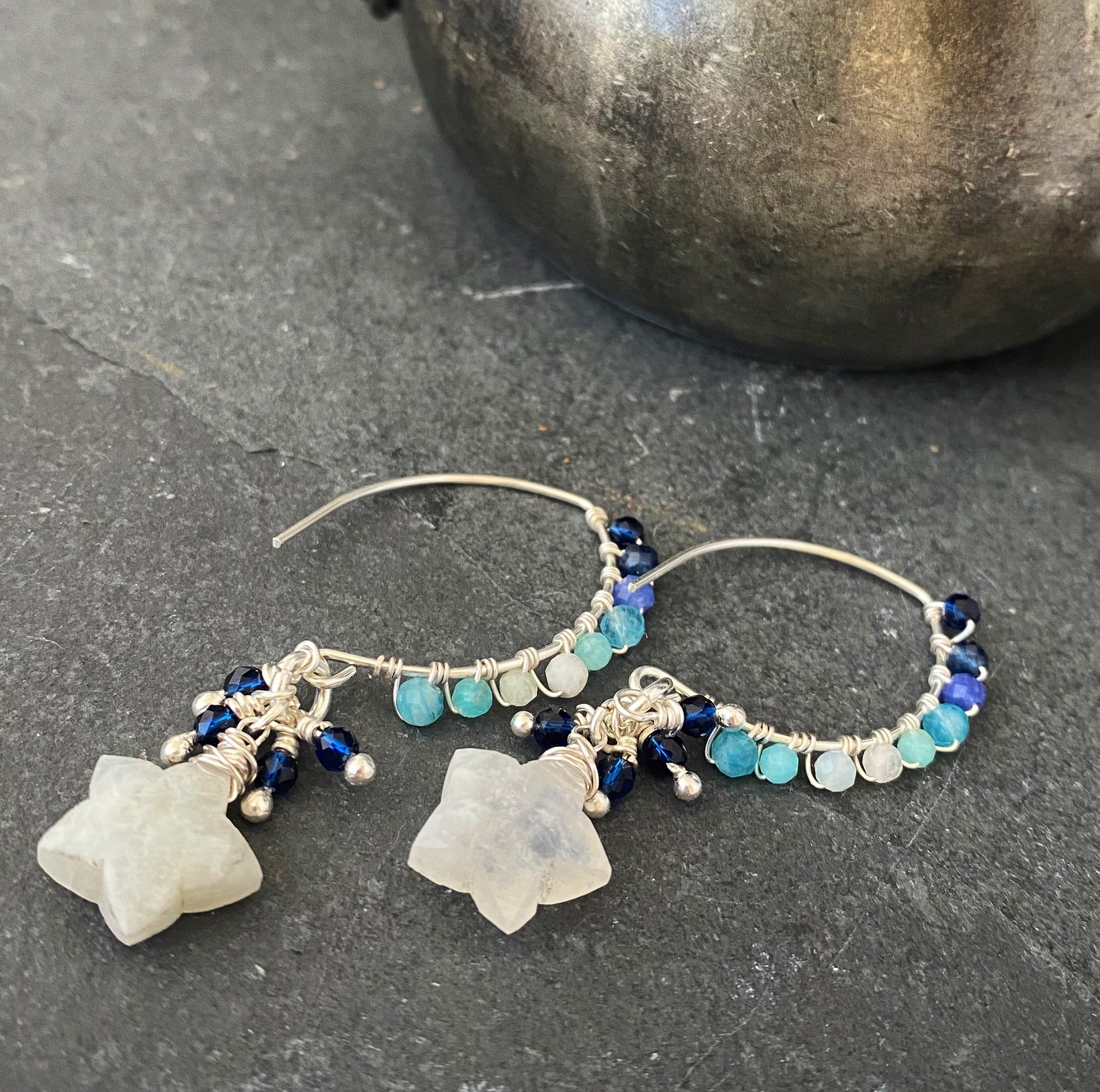 Moonstone Stars. Moonstone and mixed blue stones and silver metal earrings - Andria Bieber Designs 