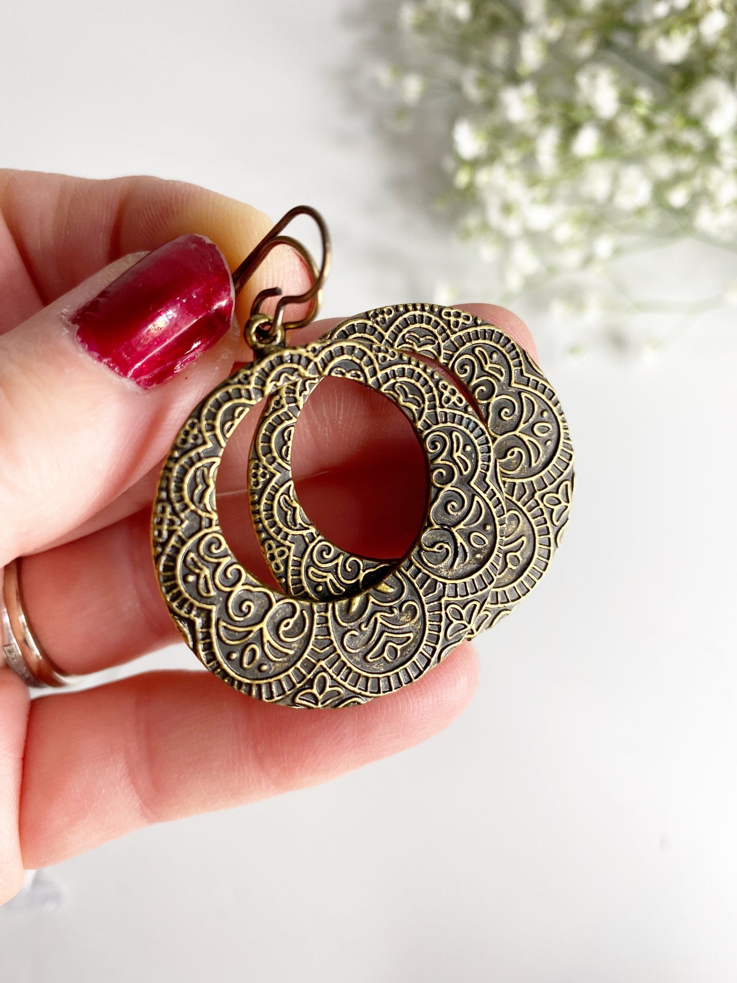 Bronze filigree hoop charm earrings, Bronze metal, jewelry - Andria Bieber Designs 