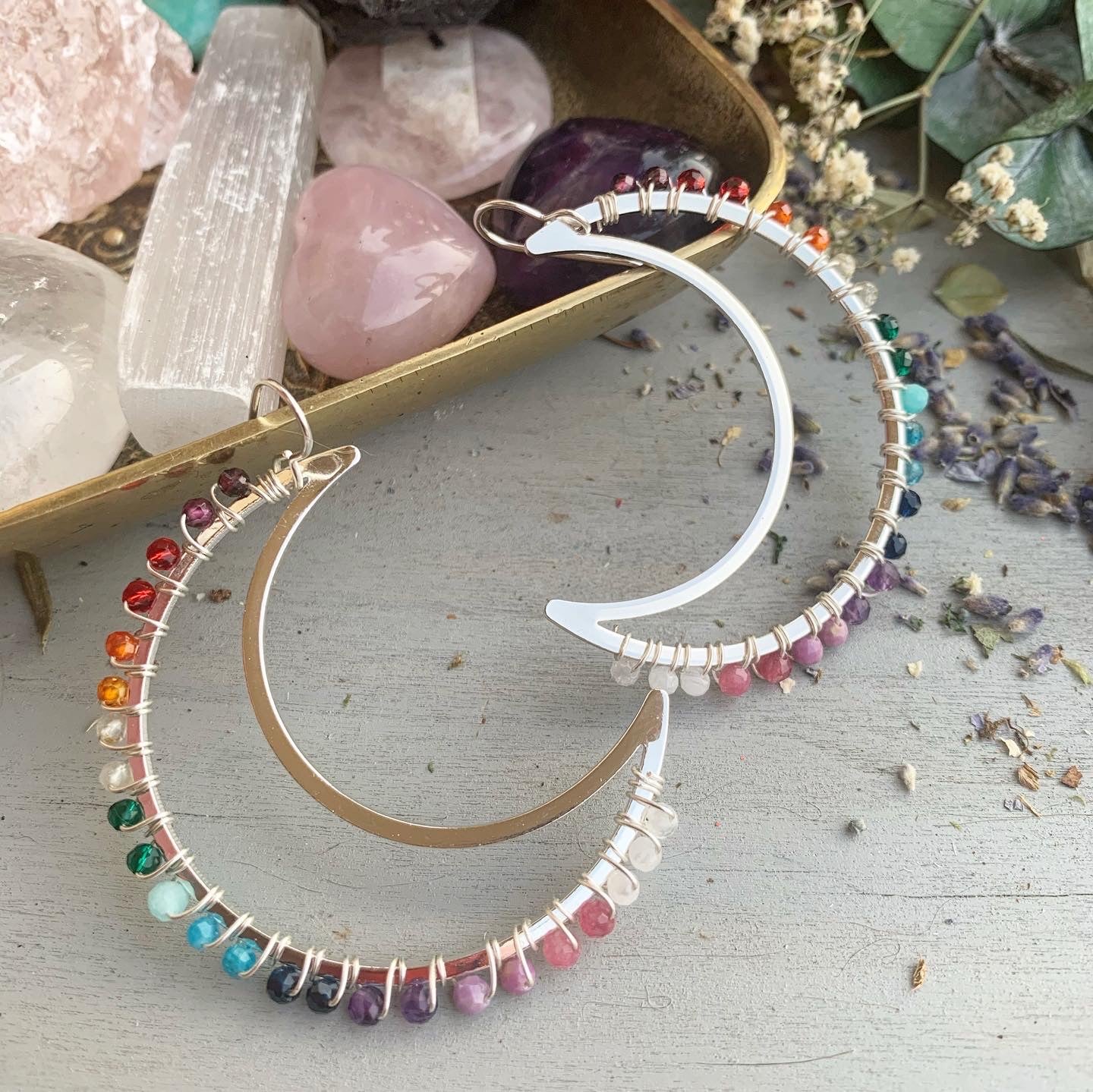 Rainbow gemstone, Moon silver metal hoops, wire wrapped, gemstone, earrings - Andria Bieber Designs 