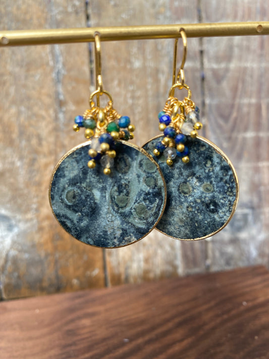 Green and blue coin gemstone, gold  metal, earrings - Andria Bieber Designs 