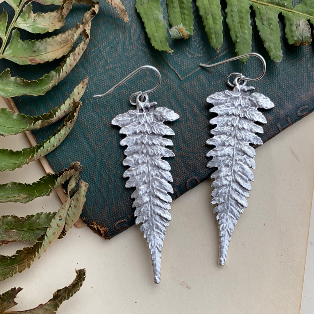 Ferns. Fern detailed silver charm sterling silver earrings. - Andria Bieber Designs 