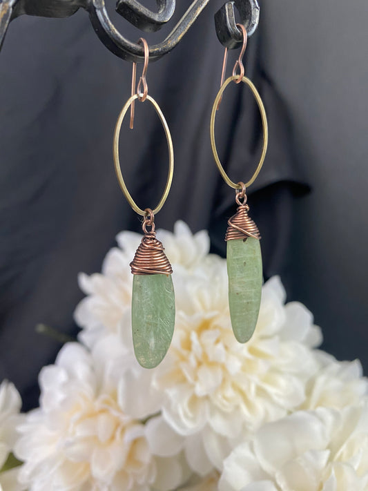 Green kyanite stone, wire wrapped copper earrings.