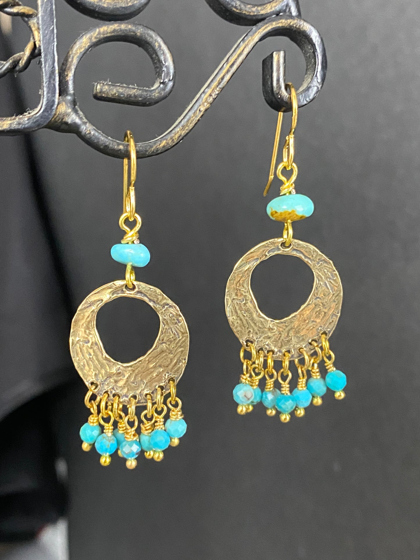 Gold hammered hoops, turquoise stone, earrings, jewelry