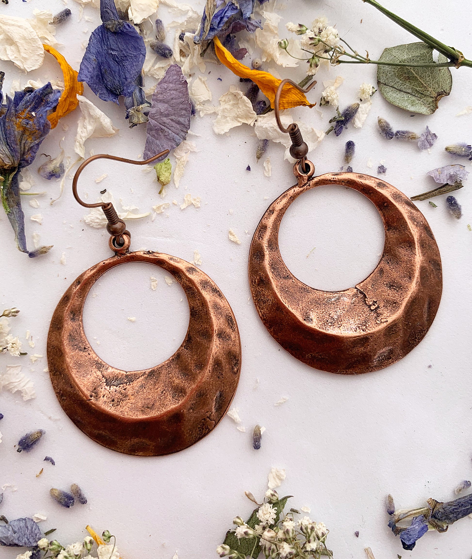 Hammered copper hoops. copper metal, earrings, jewelry.