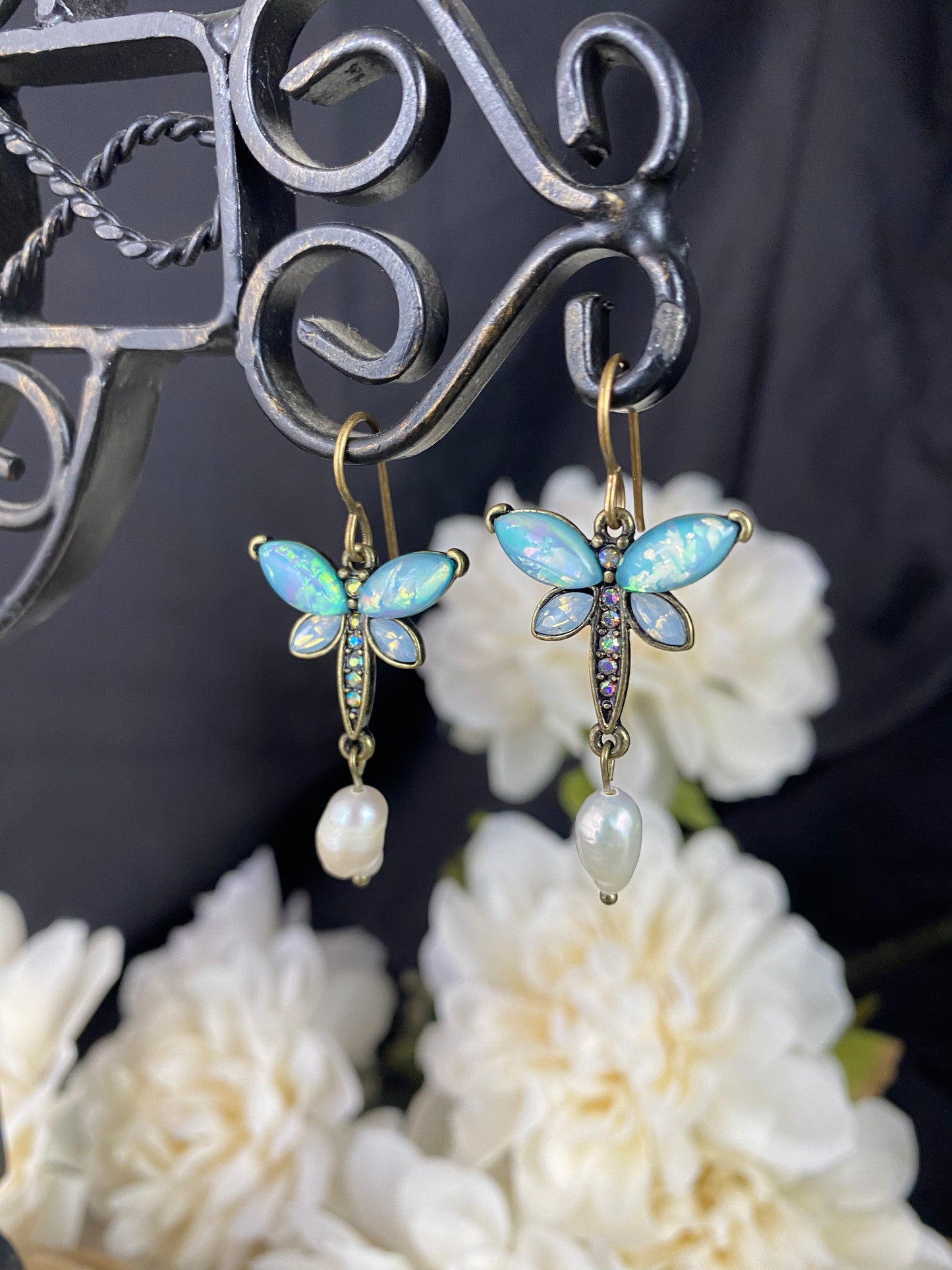 Dragonfly charms, rhinestones, pearls, earrings, jewelry