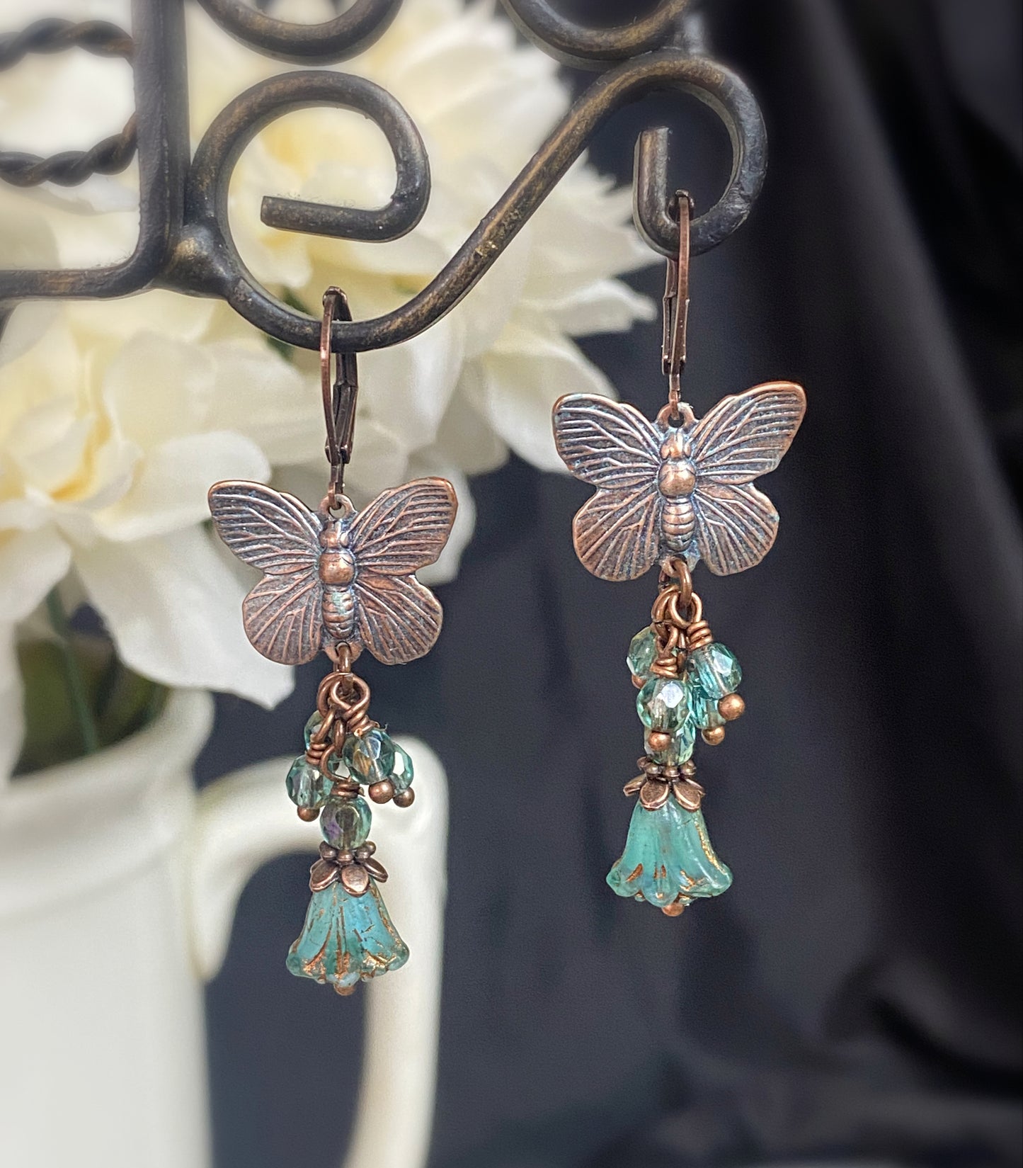Teal Butterfly charms, Czech glass, copper metal, earrings