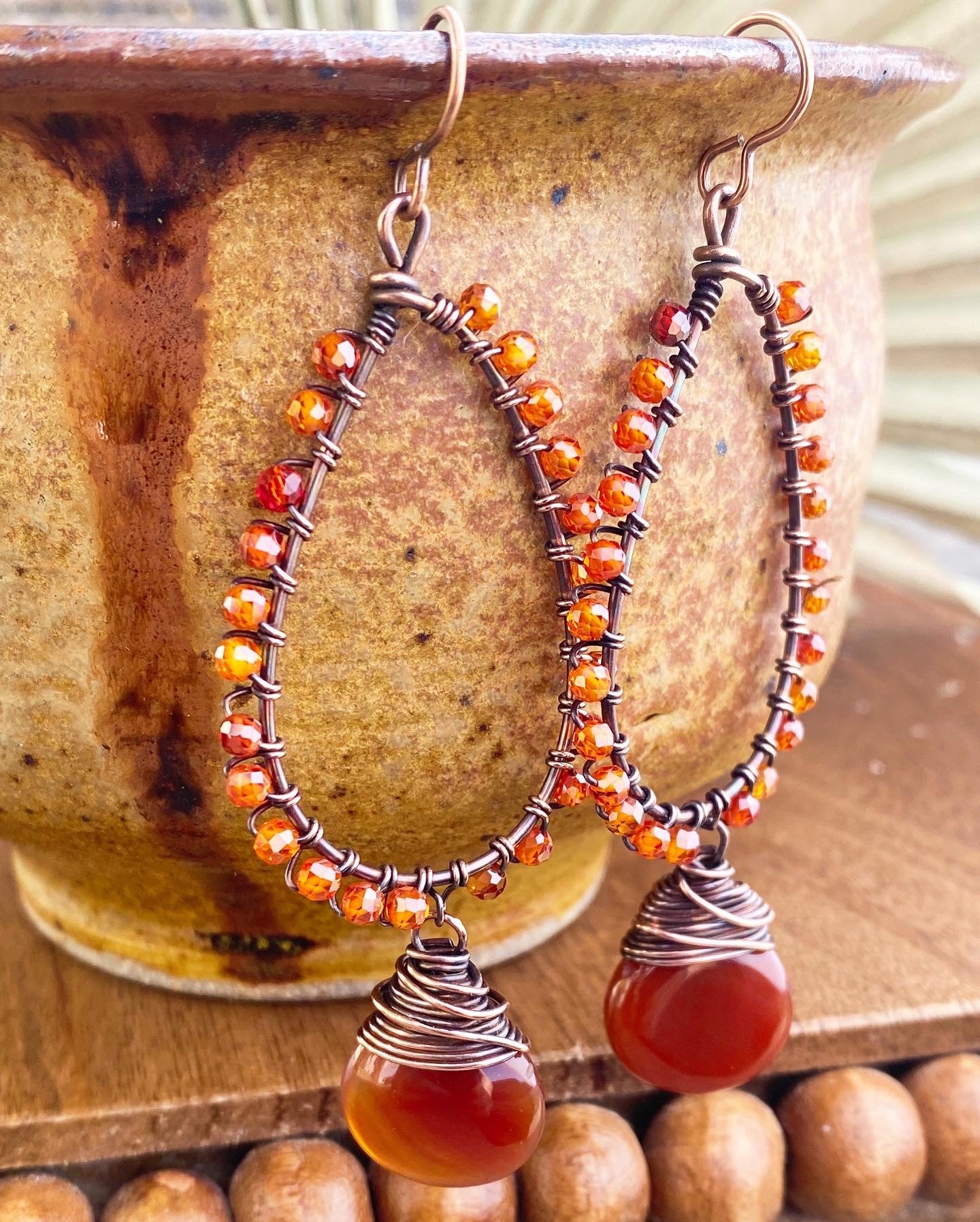 Orange leaves. Carnelian agate stone, copper metal, wire wrapped, earrings - Andria Bieber Designs 