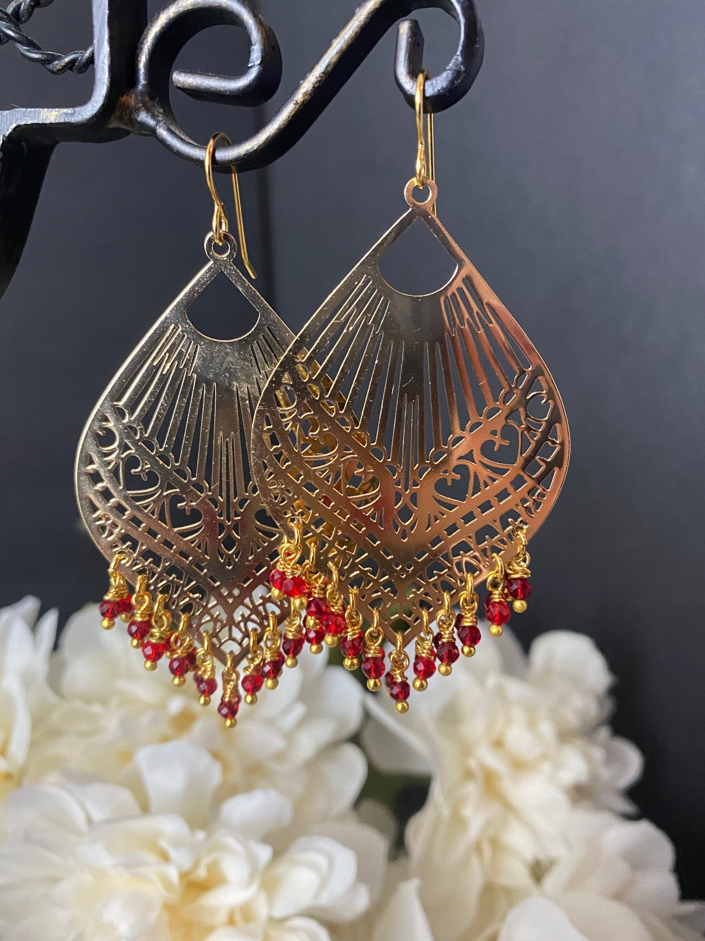 Heart chandeliers. red crystals, heart charm, gold metal earrings