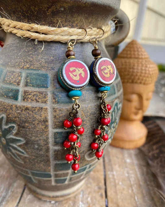 Nepal ohm charms, turquoise and red coral, bronze metal earrings - Andria Bieber Designs 