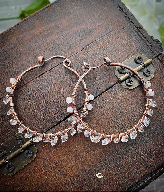 Herkimer diamonds, moonstone, copper metal hoops, wire wrapped, earrings - Andria Bieber Designs 