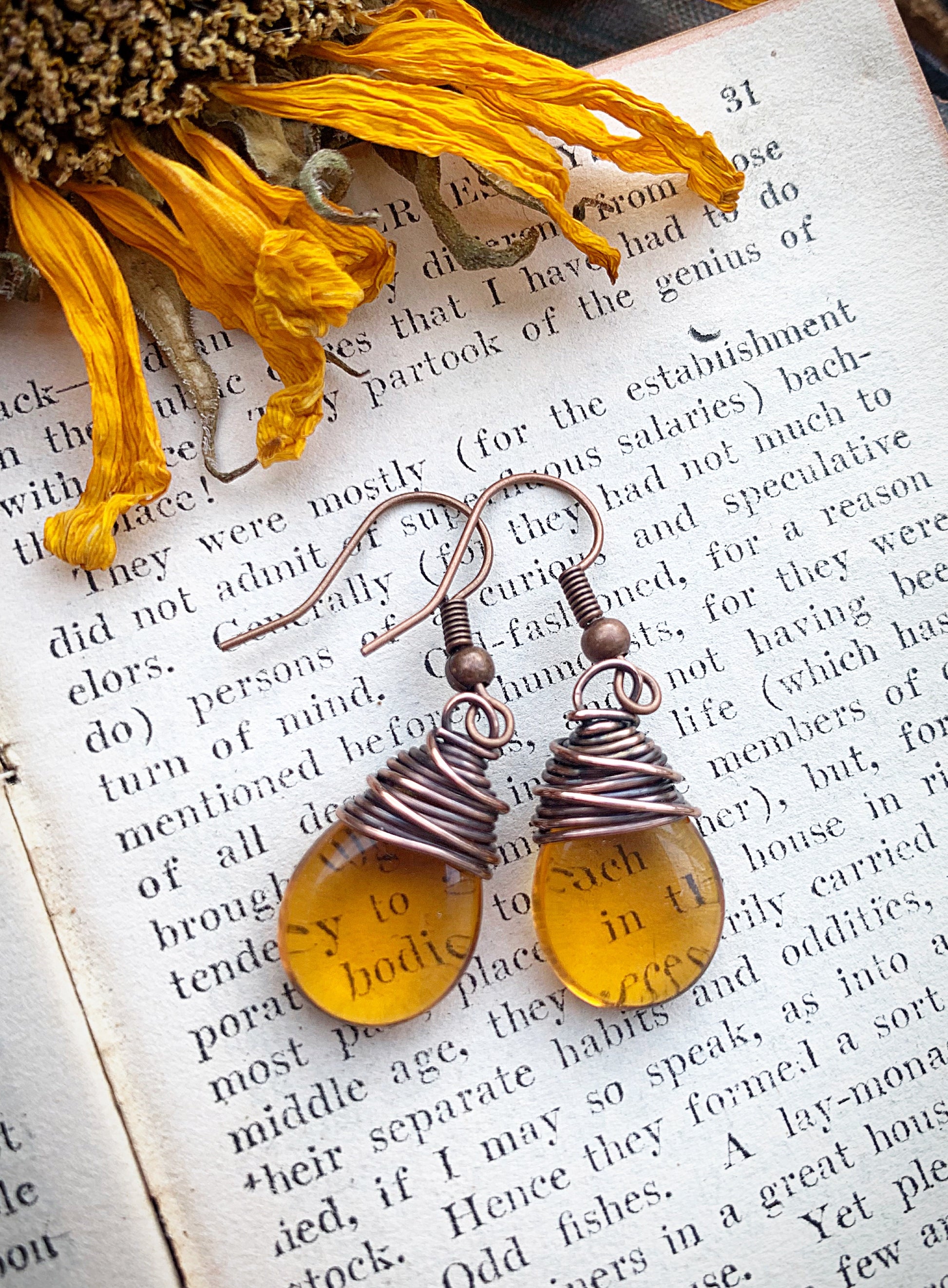 Amber teardrop Czech glass and copper wire wrapped earrings. - Andria Bieber Designs 