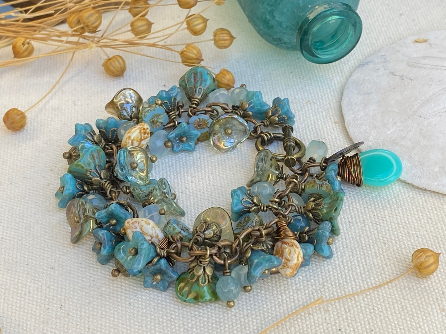 MTO. Teal petals. Mixed gemstone, Czech glass, bronze metal bracelet. - Andria Bieber Designs 