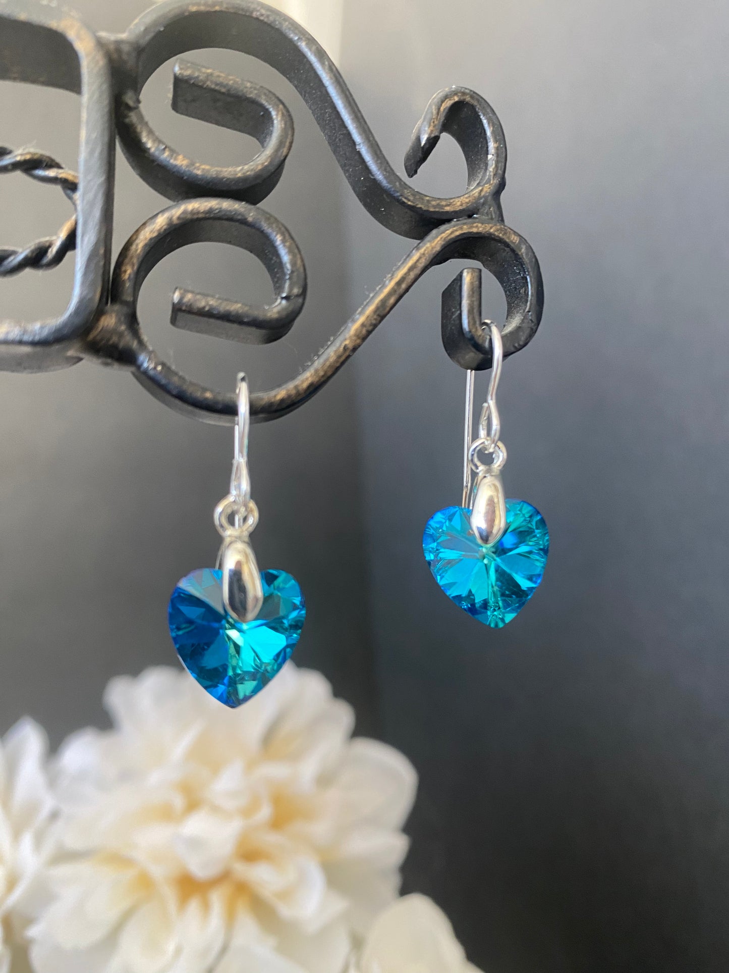 Blue crystal Silver heart charm and silver metal, earrings, jewelry. - Andria Bieber Designs 