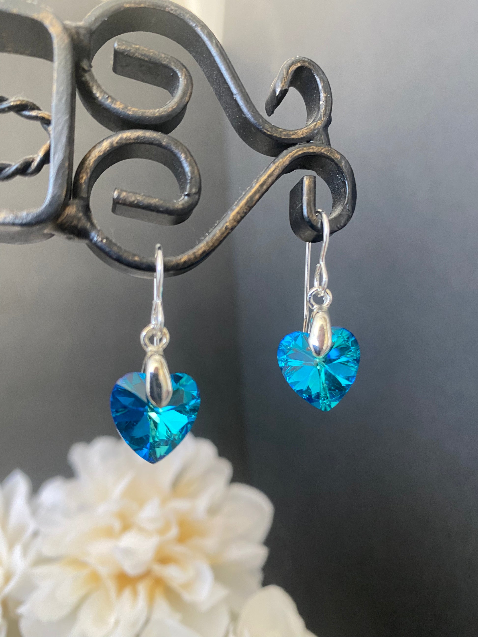 Blue crystal Silver heart charm and silver metal, earrings, jewelry. - Andria Bieber Designs 