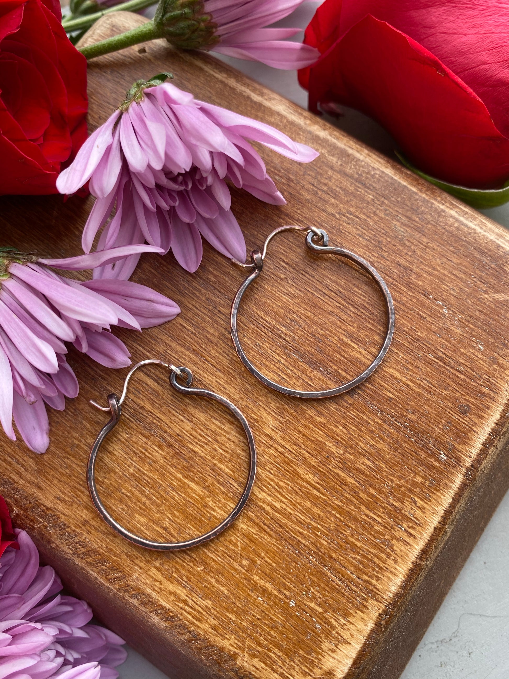 Handmade hammered, copper metal hoops, medium size, earrings - Andria Bieber Designs 