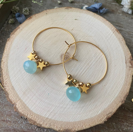 Blue chalcedony stone, gold hoop, stars, earrings. - Andria Bieber Designs 